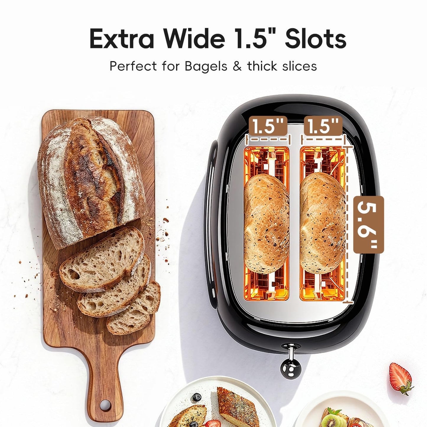 Toaster 2 Slice, Touch Screen Wide Slot Retro Toaster for Bagel & Thick Breads, Stainless Steel Smart Digital Toasters, 7 Bread Modes & 7 Browning Levels, Mute Mode, Memory, Defrost & Reheat, Black