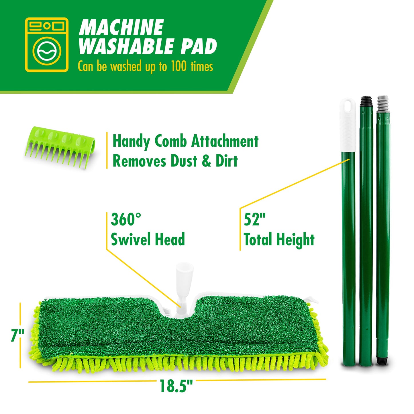 Libman 18" 2-Sided Microfiber Dust Mop, Double Sided Dry Wet Mops for Floor Cleaning, Hardwood, Laminate, Tile Cleaner, 360 Degree Swivel Head, 49” Long Handle