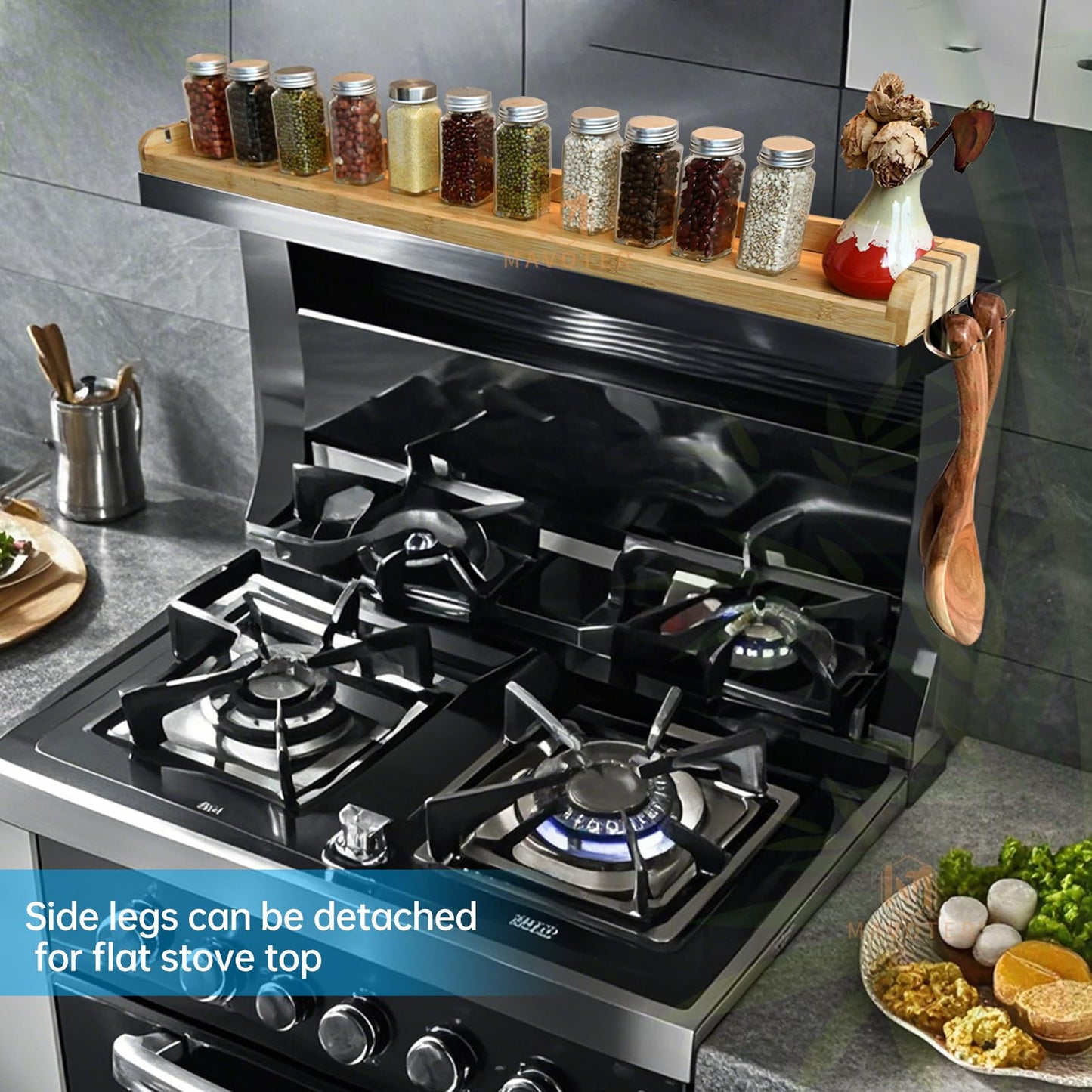 MAVOTER Over The Stove Top Shelf for Kitchen Bamboo Spice Rack Organizer for Back of Stove with Protective Lips & 6 Hooks,Easy Installation 33.5 * 4.5 * 13.4”