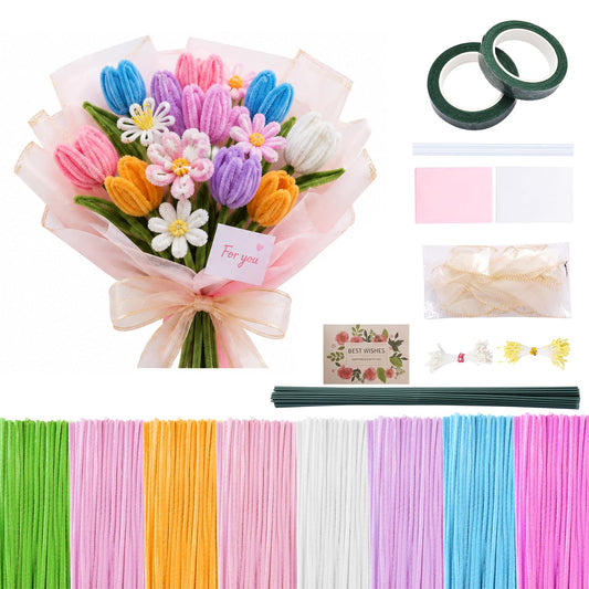 All-in-One Pipe Cleaners Flower Kit, 800 PCS Chenille Stems (8 Colors) DIY Flower Bouquet Making Kit with Floral Wire, Tape, Glue, Wrapping Paper, Ribbon & Card for Crafts, Gifts & Home Decor