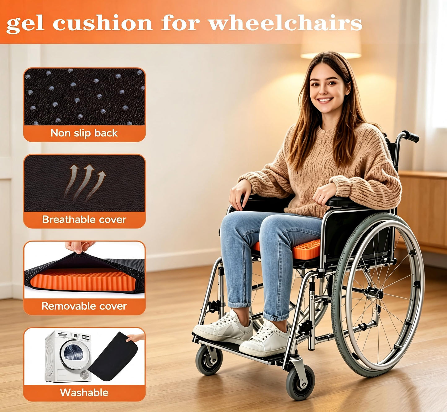Wiesumirt Innovative Gel Seat Cushion for Long Sitting, Large Cooling Supportive Seat Cushion for Back, Sciatica, Tailbone Pain Relief, Used for Office, Wheelchair, Car, Home, Stadium, Kayak.(Orange)