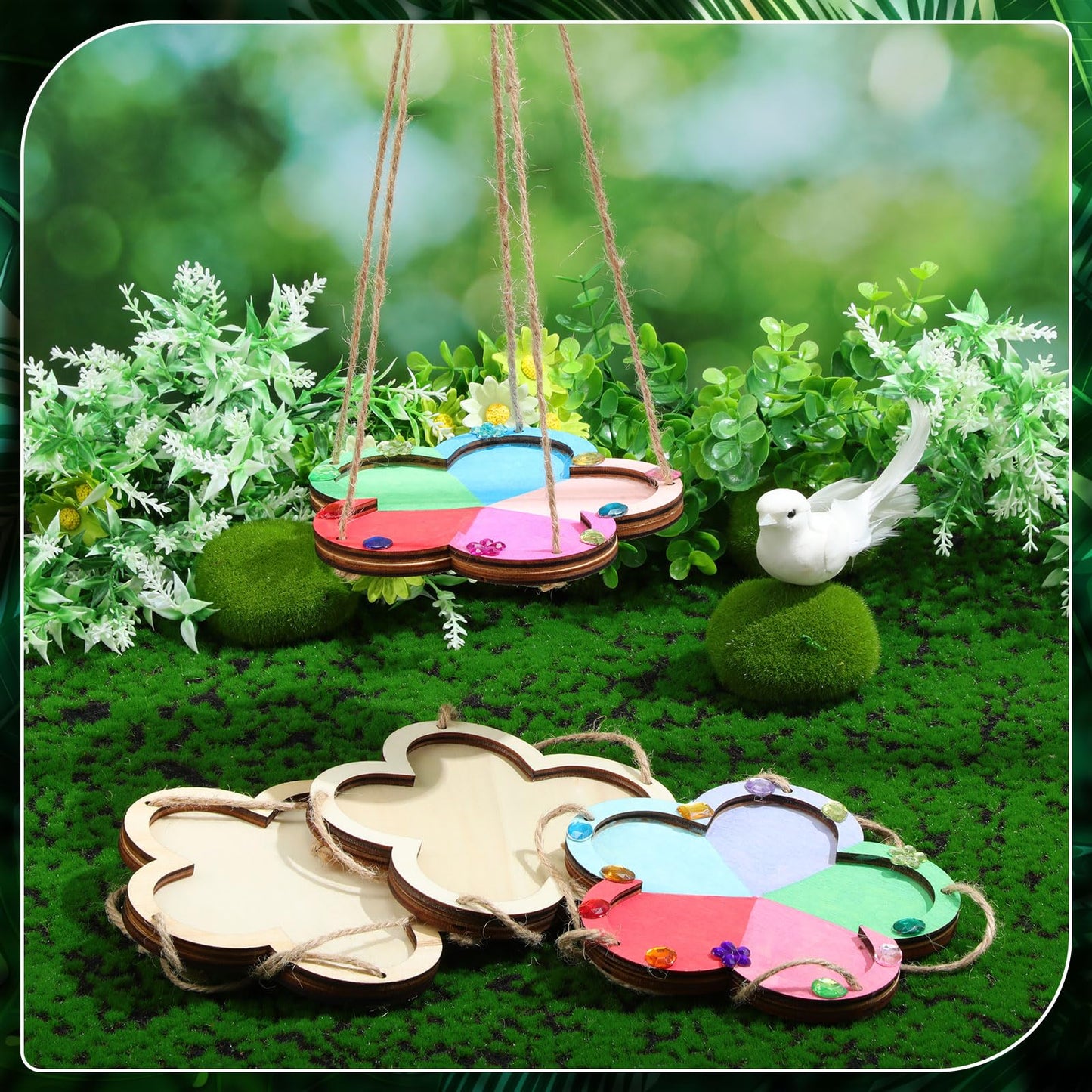 DoubleFill 24 Pcs DIY Bird Feeder Craft Kits for Kids Ages 5-8 8-12, 24 Flower Wooden Bird House, 4 Sets Watercolor and 200 Acrylic Diamonds for Children Spring Craft Activity Art DIY Project
