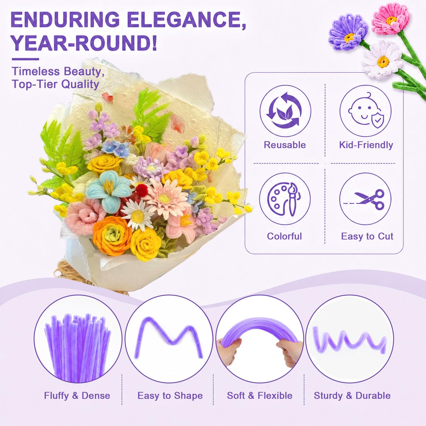 900pcs Pipe Cleaners Craft, Pipe Cleaner Bulk Flower Kit, 14 Colors Pipe Cleaners Bulk with Flower Stems, Stamens, Floral Tape & Ribbon for DIY Bouquets, Art and Craft Supplies