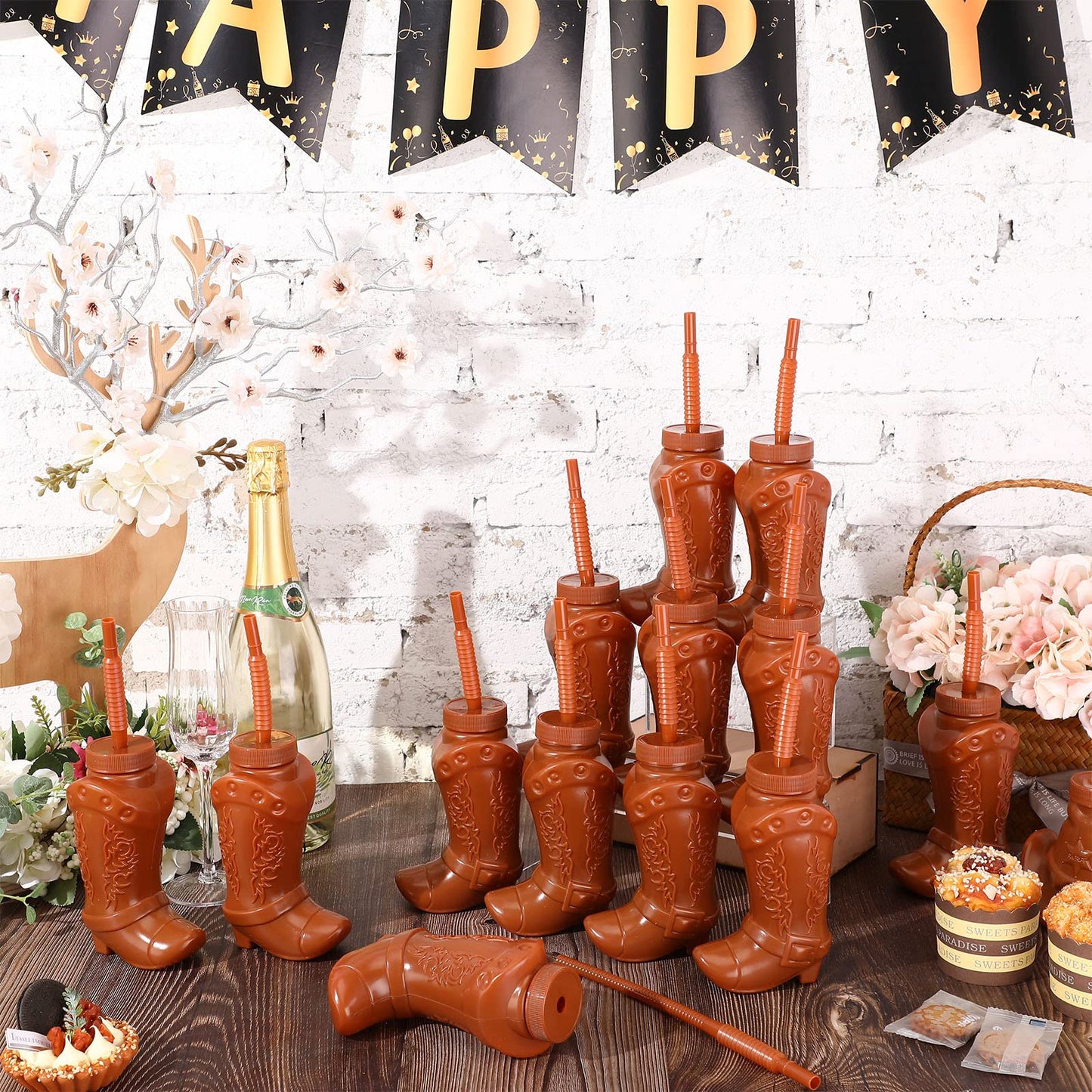 Hoolerry 24 Pcs 10 oz Plastic Cowboy Boot Cups with Straws and Lids Plastic Cowboy Cups for Western Themed Party Supplies and Rodeo Party Decorations (Brown)