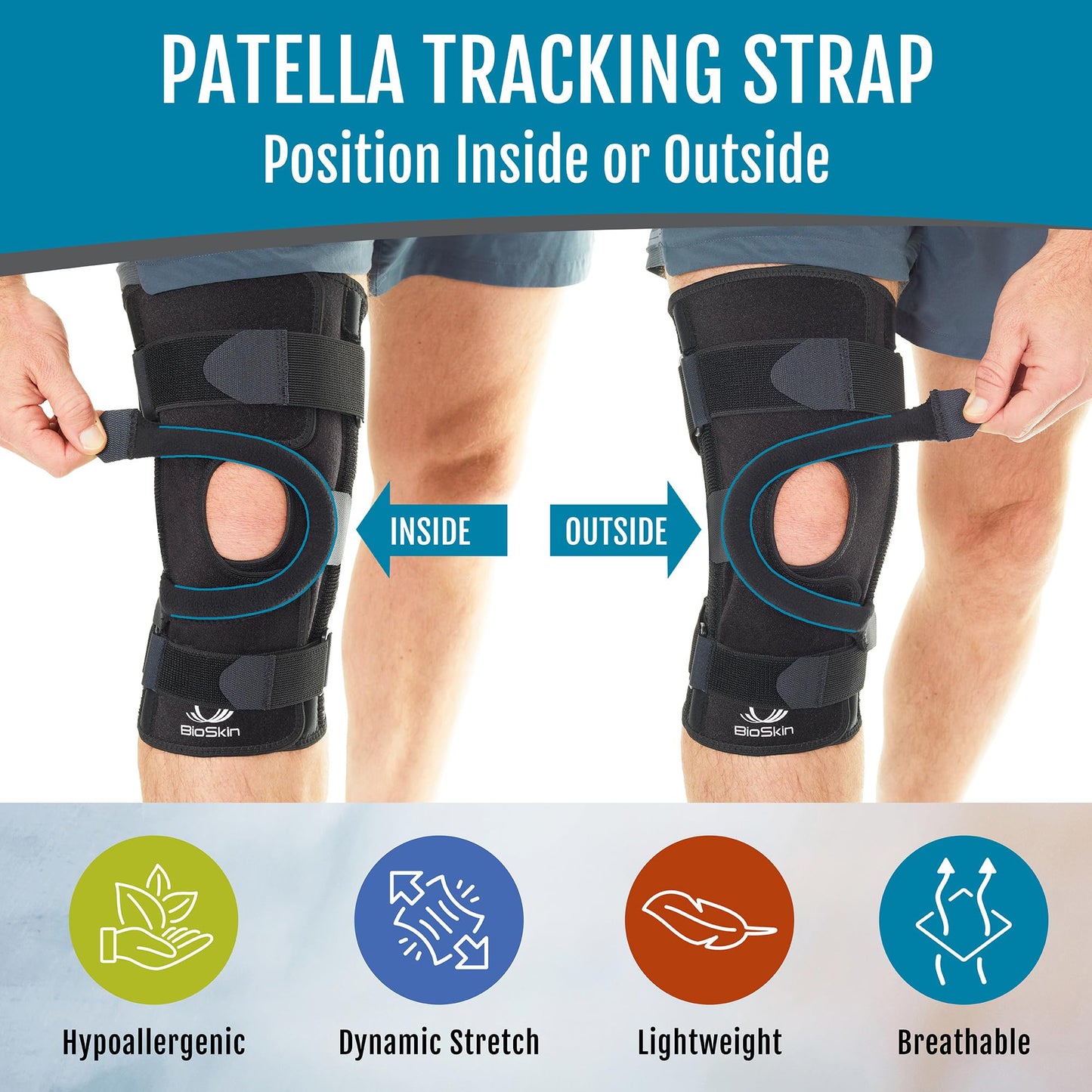 BioSkin Wraparound Patella Stabilizer Knee Brace for Patellofemoral Pain, Patella Tracking Disorders, Dislocation, and Subluxation, Left or Right Kneecap Tracking (M)