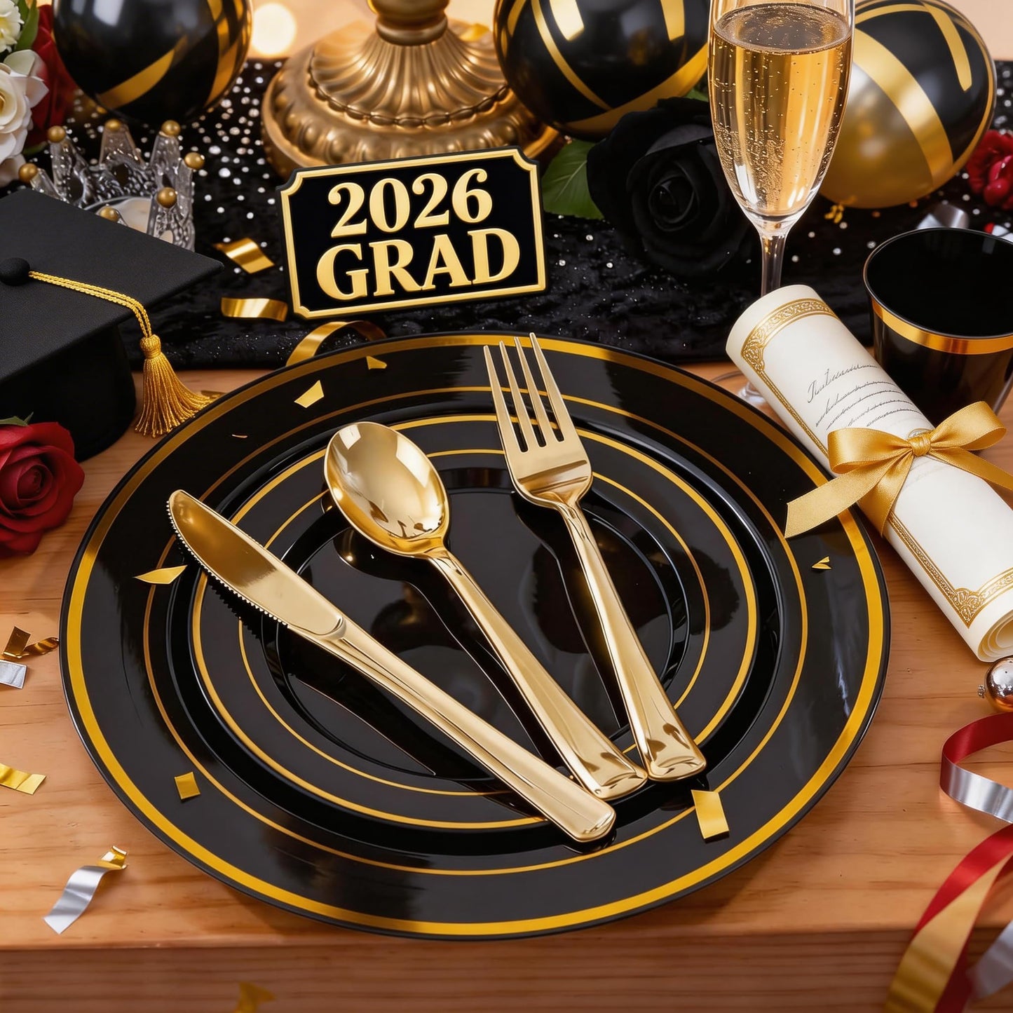 WELLIFE 350PCS Black and Gold Plastic Plates - Plastic Dinnerware Set for 50 Guests,Include 50 Dinner Plates, 50 Dessert Plates, 50 Black Cups 9 OZ, 50 Pre Rolled Napkins with Gold Silverware