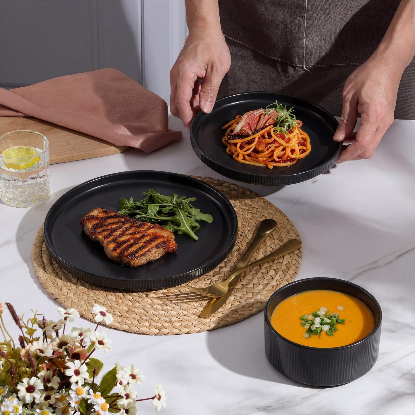 E-far 12-Piece Plates and Bowls Sets, Stoneware Dinnerware Dishes Sets for 4, Kitchen Modern Dining Dishware, Chip & Scratch Resistant, Microwave & Dishwasher Safe, Matte Black