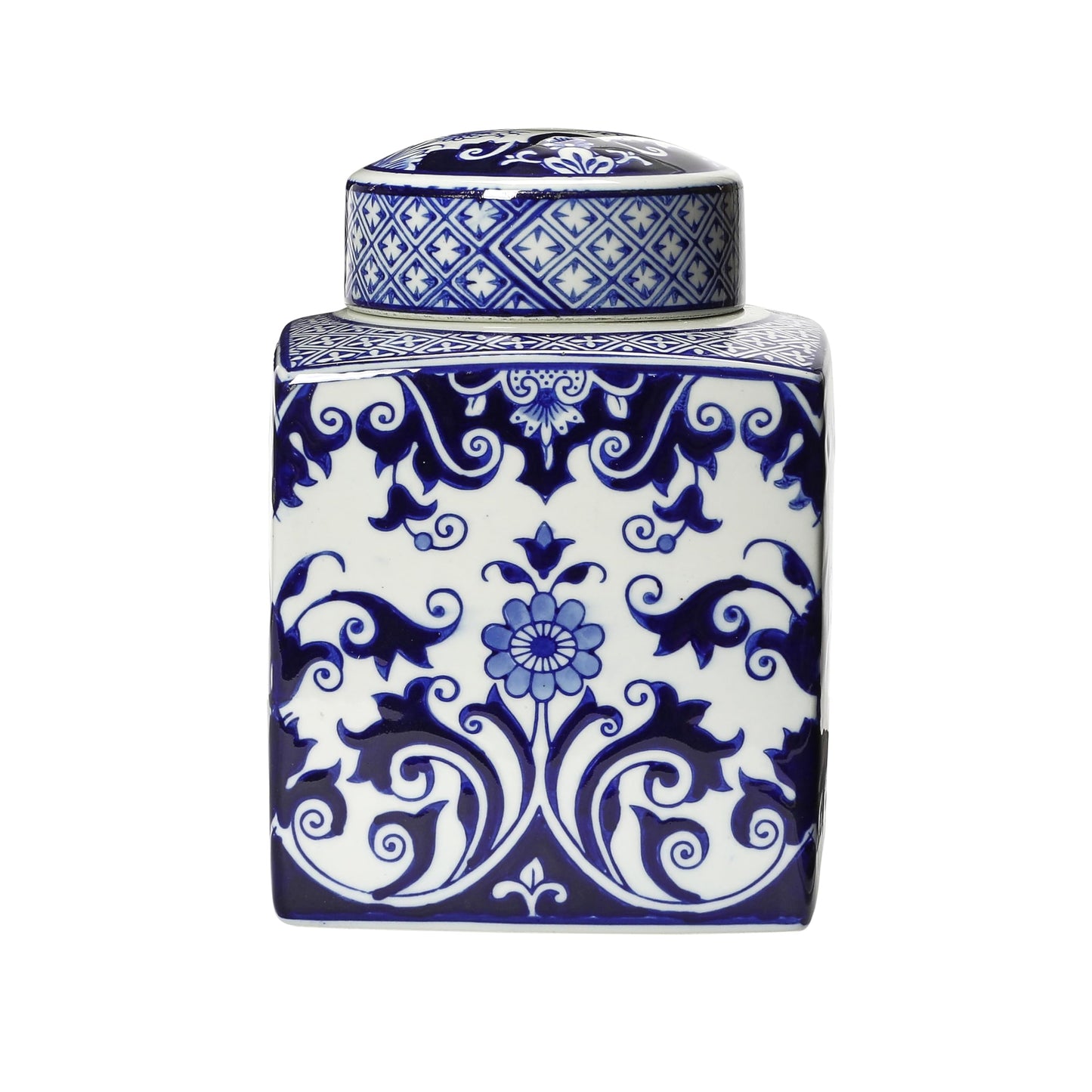 Creative Co-Op Decorative Square Ceramic Ginger Jar with Lid for Small Spaces, Blue and White
