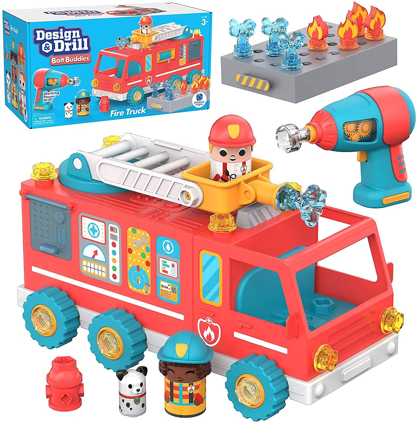 Educational Insights Design & Drill Bolt Buddies Fire Truck Take Apart Toy with Electric Toy Drill, Preschool STEM Gift for Boys & Girls, Ages 3+