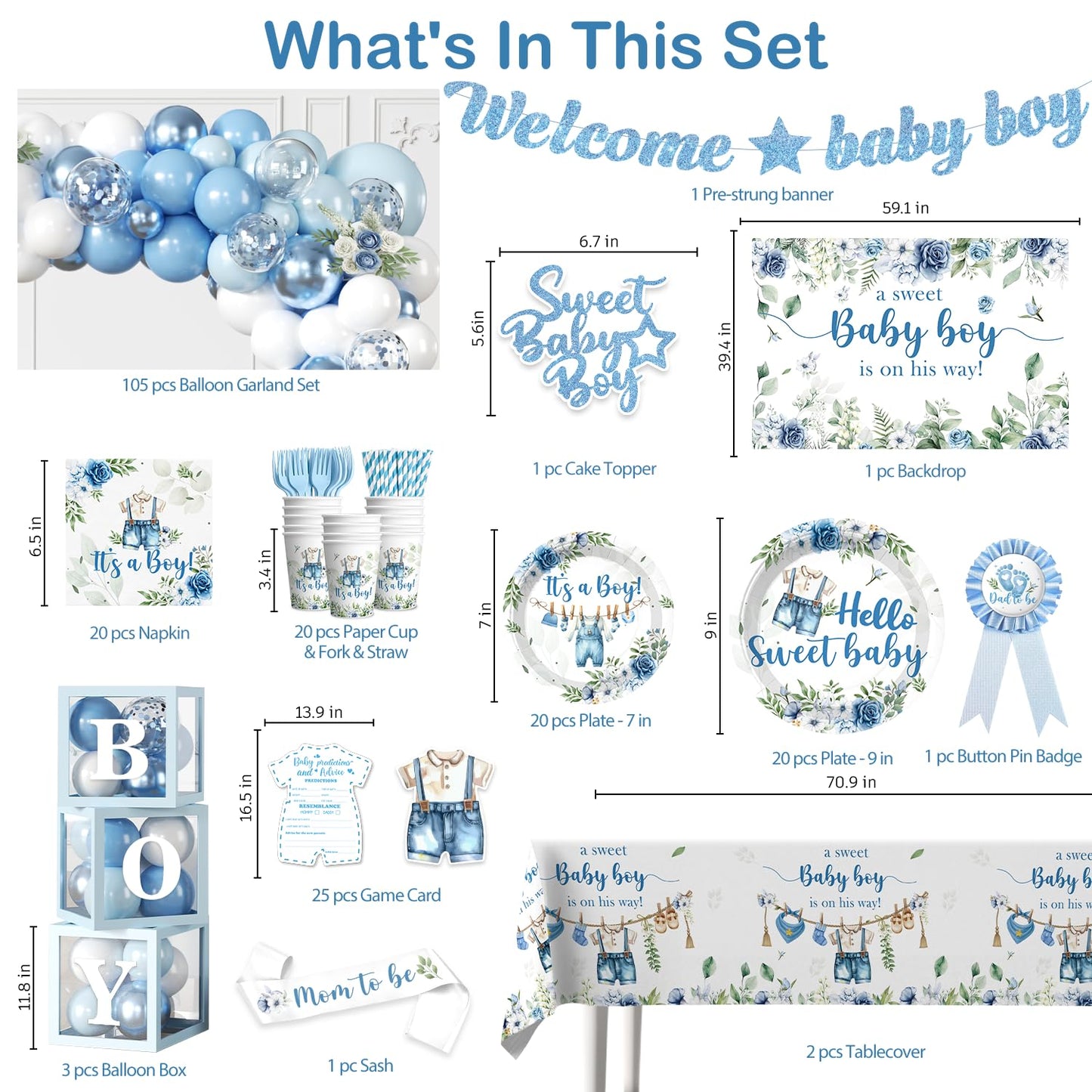 cocomigo 260PCS Baby Boy Baby Shower Decorations All-in-One Set with Baby Boy Balloon Arch, Tableware, Advice Cards, Cake Topper, Balloon Box, Backdrop, Sash, Corsage, Etc. Serves 20