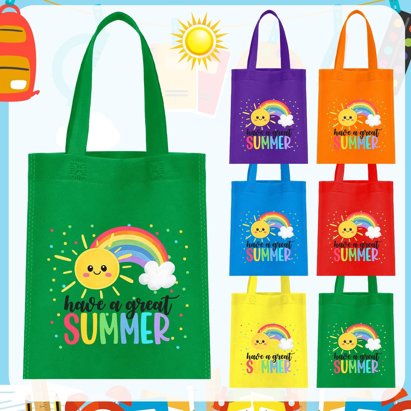 Dansydaisy 48 Pcs End of the Year Non Woven Gift Bags Rainbow Totes with Handles Treat Bag for Summer Party Birthday Supplies (Summer)
