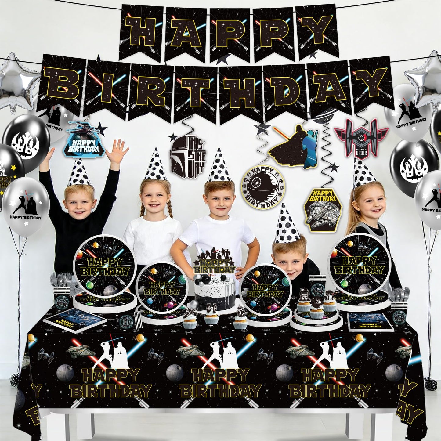 140 Galaxy Wars Birthday Party Decorations, All-in-One Party Supplies Set with Banner, Plates, Cups, Napkins, Balloons, Tablecloth, Hanging Swirls Stickers,Cake Topper,Star Theme Party Tableware Kit