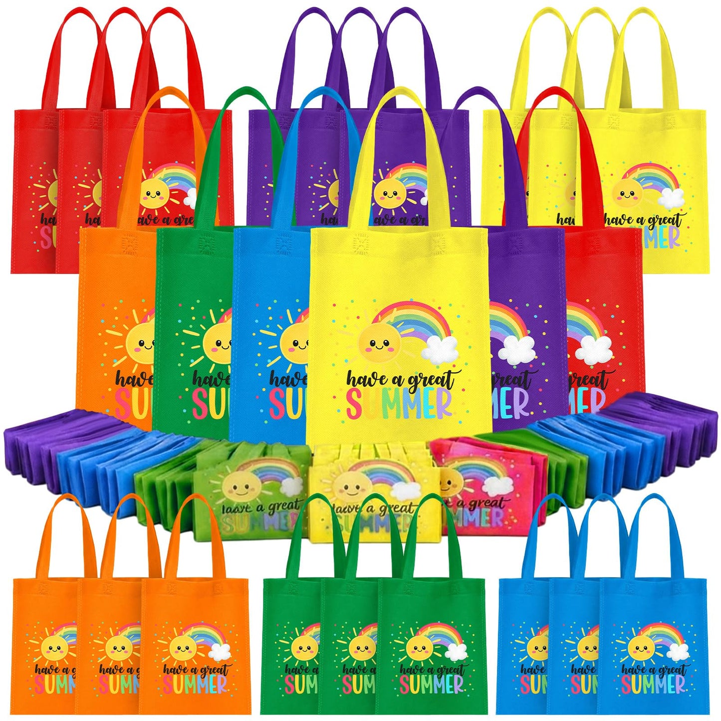 Dansydaisy 48 Pcs End of the Year Non Woven Gift Bags Rainbow Totes with Handles Treat Bag for Summer Party Birthday Supplies (Summer)