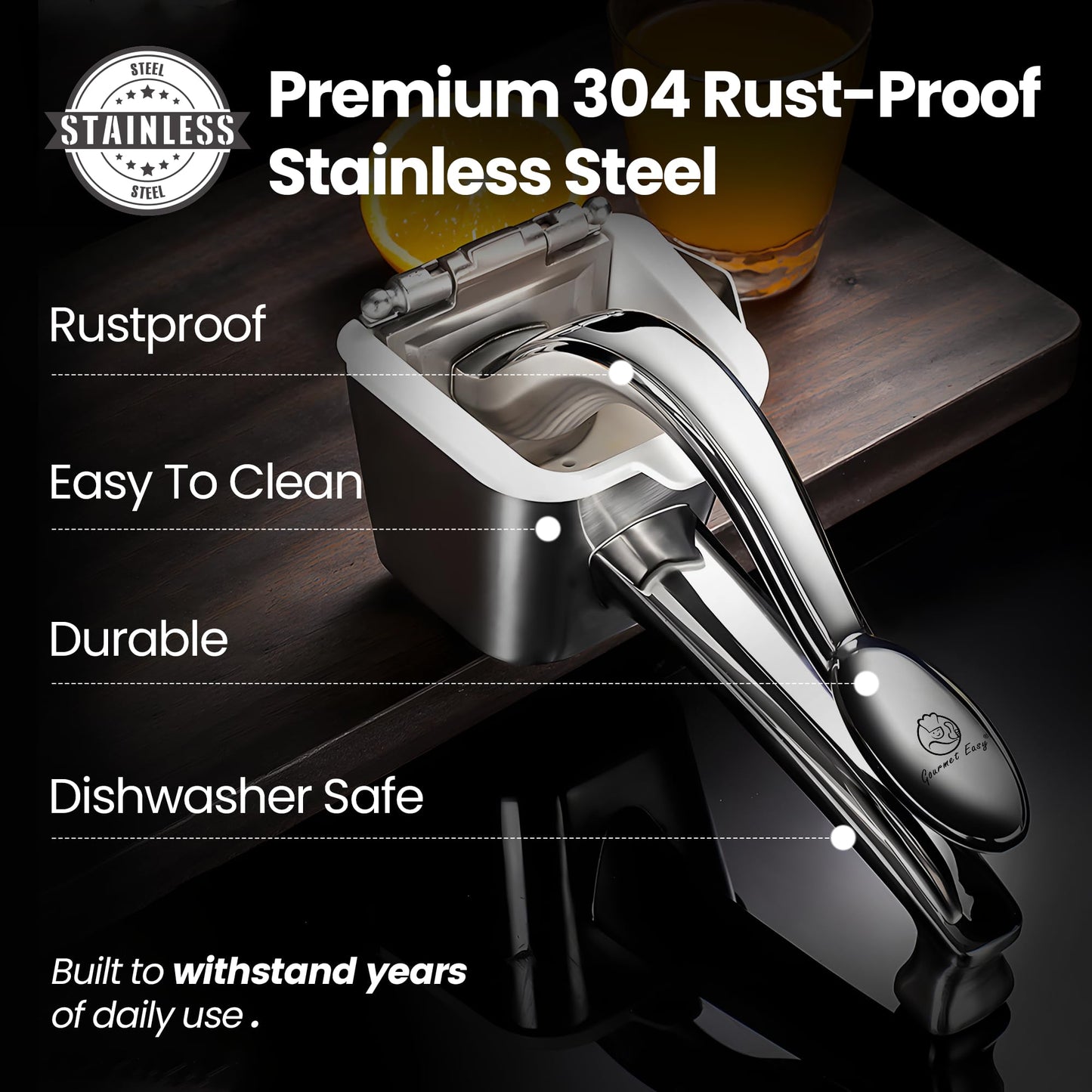 Stainless Steel Lemon Squeezer, Heavy-Duty Orange Juicer, Durable Hand Press Citrus Juicer, Portable Lime Squeezer, Rust-Free, Easy to Clean, Ideal for Kitchen & Bar, 5-Year Warranty