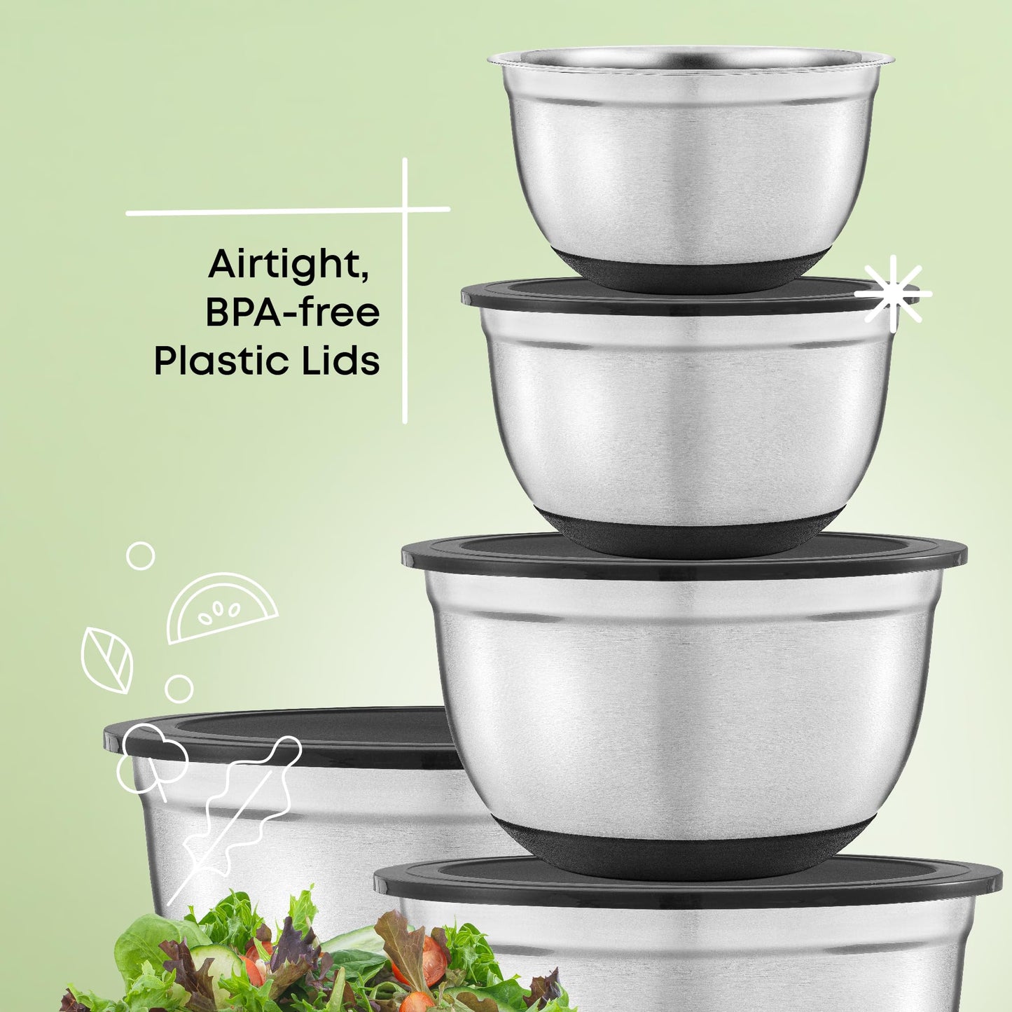 JoyJolt Stainless Steel Mixing Bowls with Airtight Lids, 7 Piece Nesting Bowls Set for Kitchen with Measurement Marks, Non-Slip Bottoms, Cooking, Baking, Prepping, Storage, 7/5/4/3/1.5/1/.75QT, Black