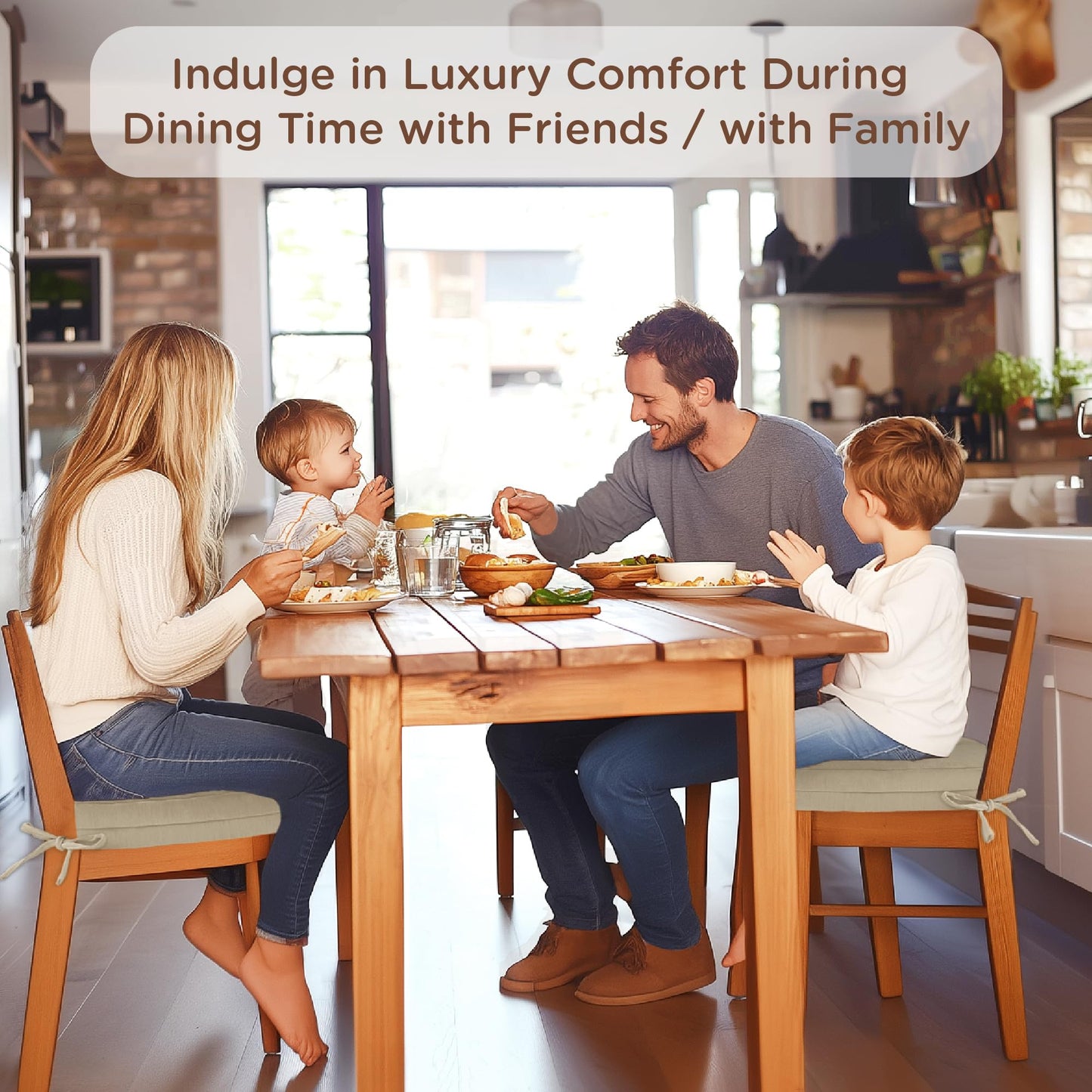 Codi Dining Chair Cushions 4 Pack, Thick Chairs Pads for Indoor Kitchen Room - Washable, Non-Slip Seat Cushion with Ties, 16.5"x16.5"x 3.5", Set of 4, Beige