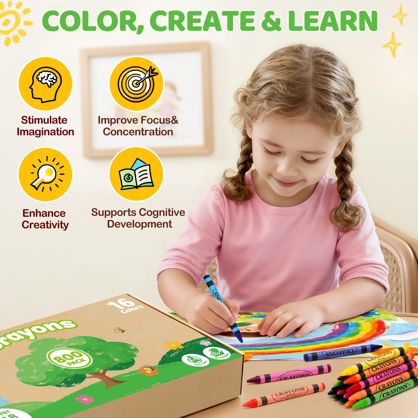 800 Count Crayons Bulk Set with 18 Colors, Non-Toxic Washable Silky Crayons, School Supplies Easter Basket Stuffers Party Favors Gift for Kids 3+, Art Supplies for Preschool Kindergarten Classrooms