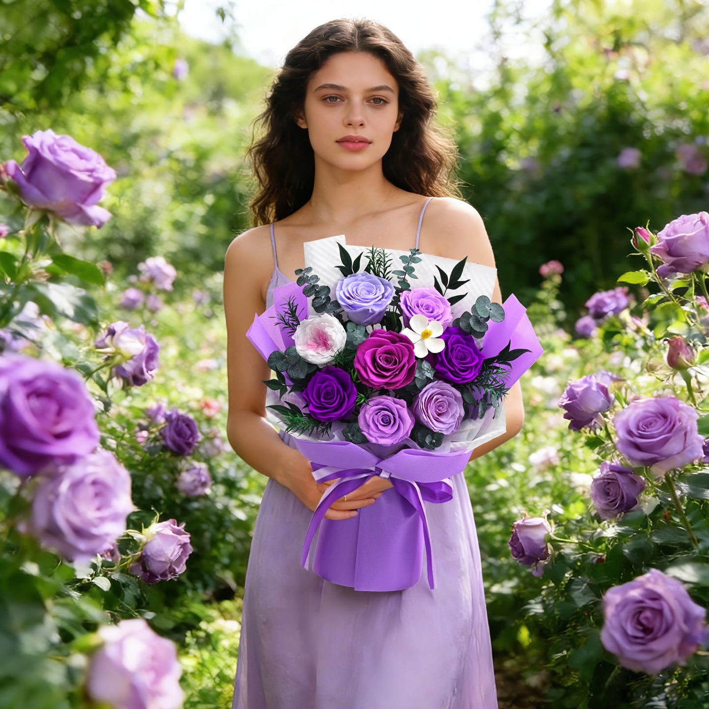 Forever Rose Flowers for Delivery, 8-Piece Preserved Roses Bouquet for Mothers Day Gifts, Long Lasting Purple Roses with Gift Box for Mom, Forever Flowers with Vase Birthday Gift for Her Wife