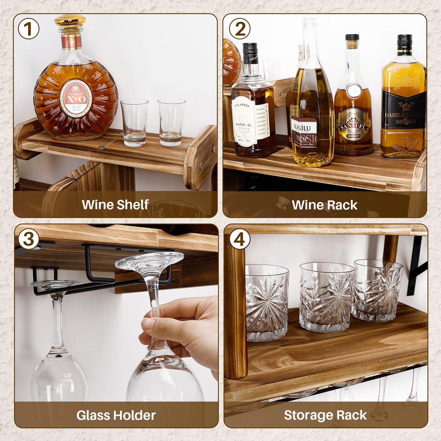 Homde Wine Rack Wall Mounted Wood,Alcohol Shelf with Bottle Stemware Glass Holder Rustic, Airplane Shape Multi Functional Liquor Display Storage for Home Bar (Light Brown)