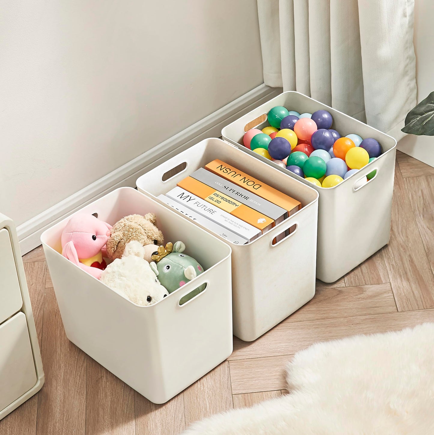 Gaoaodeyu 4 pack large plastic White storage bins Baskets, Toy Box Chest with Lids and Handle，Organizer Containers for Baby，Kids,snacks,Nursery，Shelves，Playroom, Bedroom，Office,Closet，home