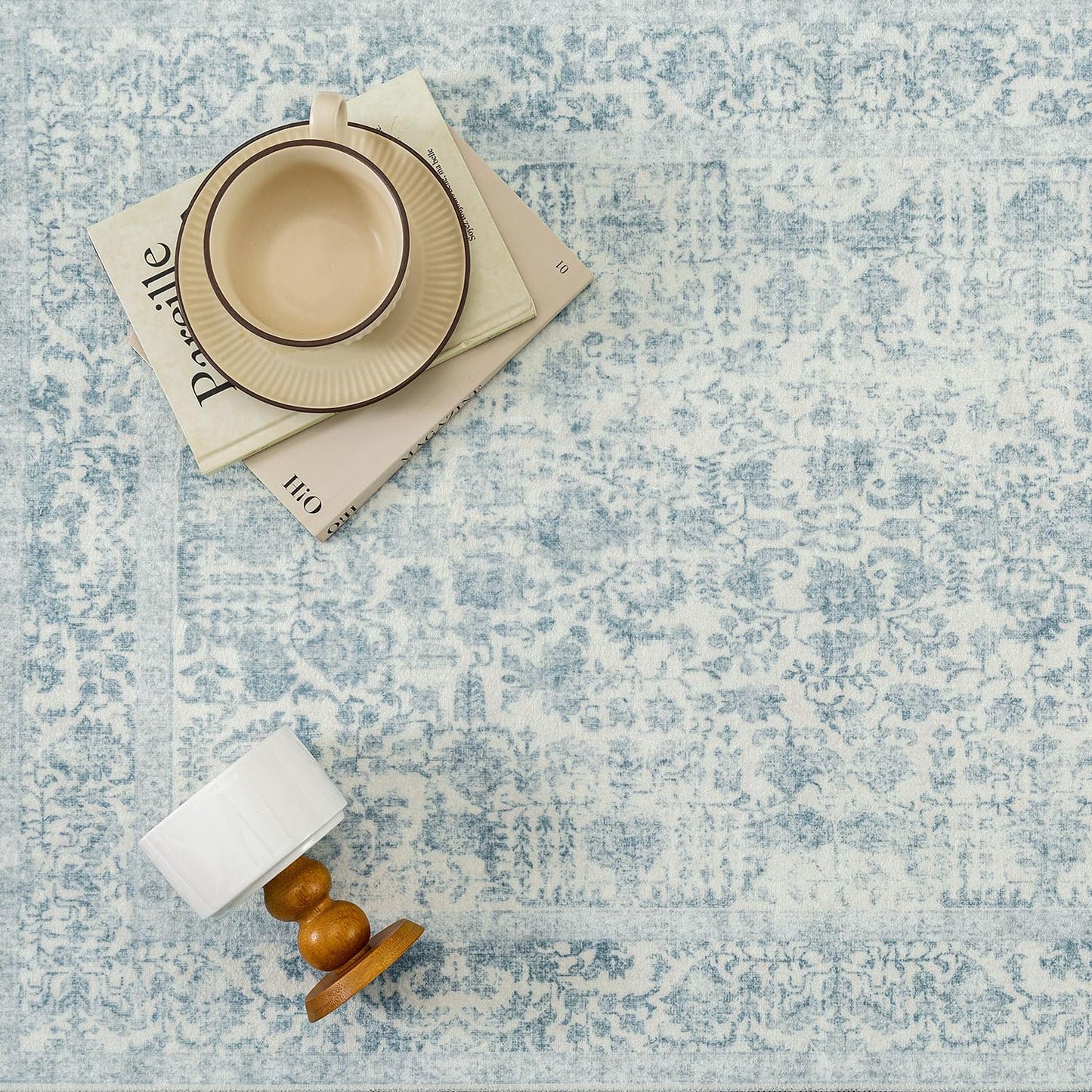 PureCozy Blue Area Rug 5x7 Machine Washable Vintage Living Room Distressed Non Slip Carpet Traditional Indoor Bedroom Retro Floral Accent Throw Large Rug Office Kitchen Bathroom Dining Room