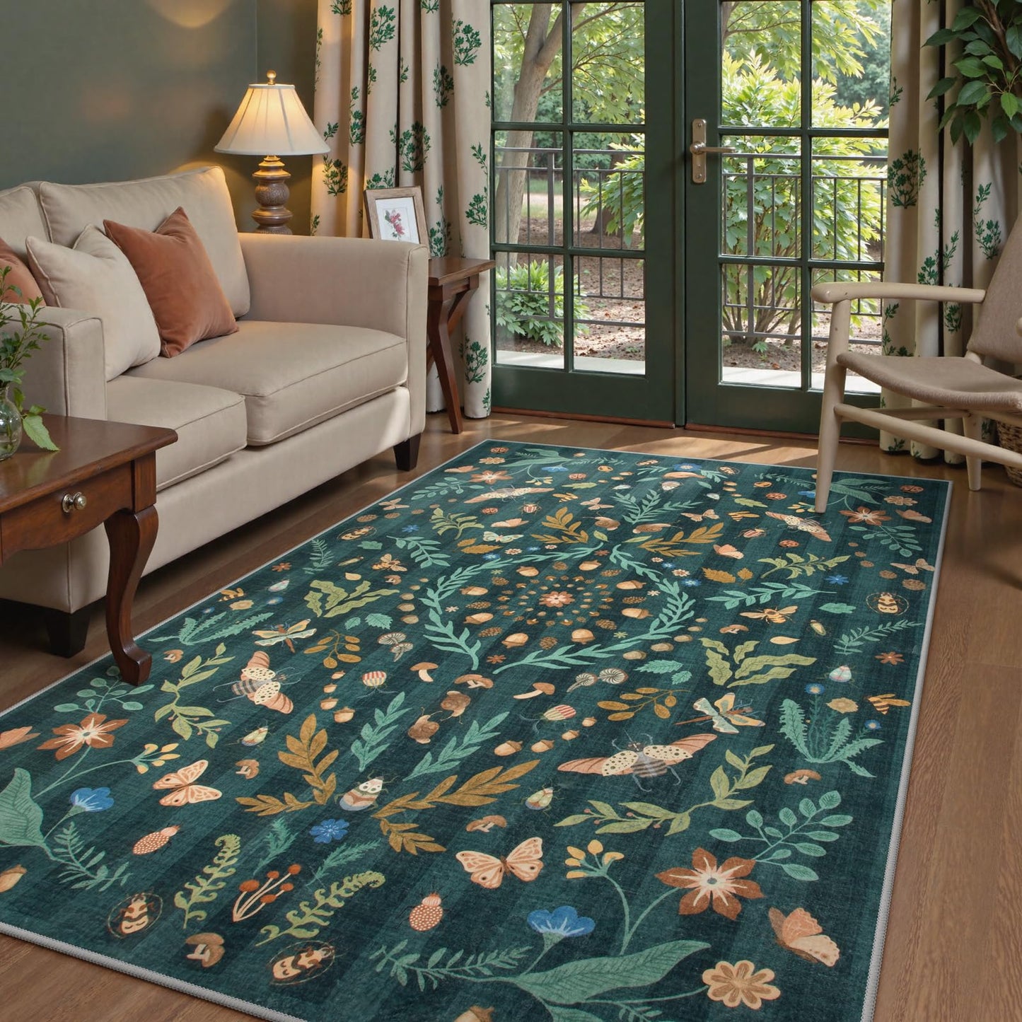 Lahome Insect Botanical Washable 5x7 Area Rugs for Living Room, Non Slip Green Rug for Bedroom, Boho Indoor Throw Dining Room Carpet for Under Table Entryway Kitchen Office(Dark Green,5x7)