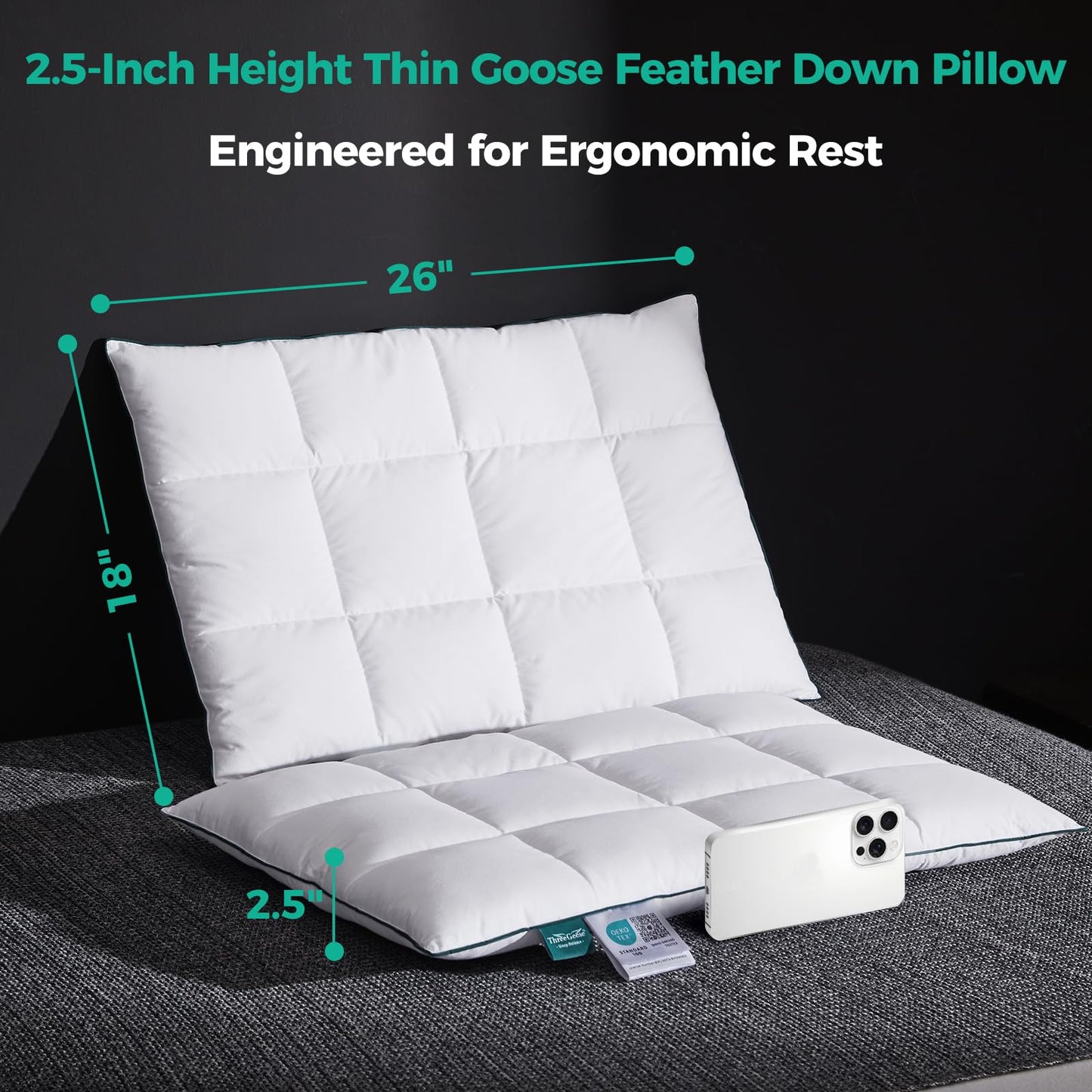 Three Geese Ultra Thin Flat Goose Down Feather Pillows for Sleeping Standard Size, 2.5" Height, 100% Cotton Cover, Ultra Slim Hotel Collection Bed Pillow for Stomach, Back Sleeper, 18x26 in.