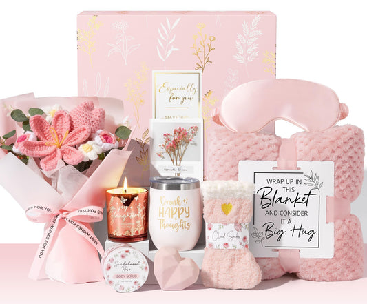Birthday Gifts for Women Self Care Package Get Well Soon Gift Baskets, Thinking of You Sympathy Gift Set w/ Crochet Flower Bouquet, Unique Christmas Spa Gifts for Women Mom Her Best Friend Sister Wife