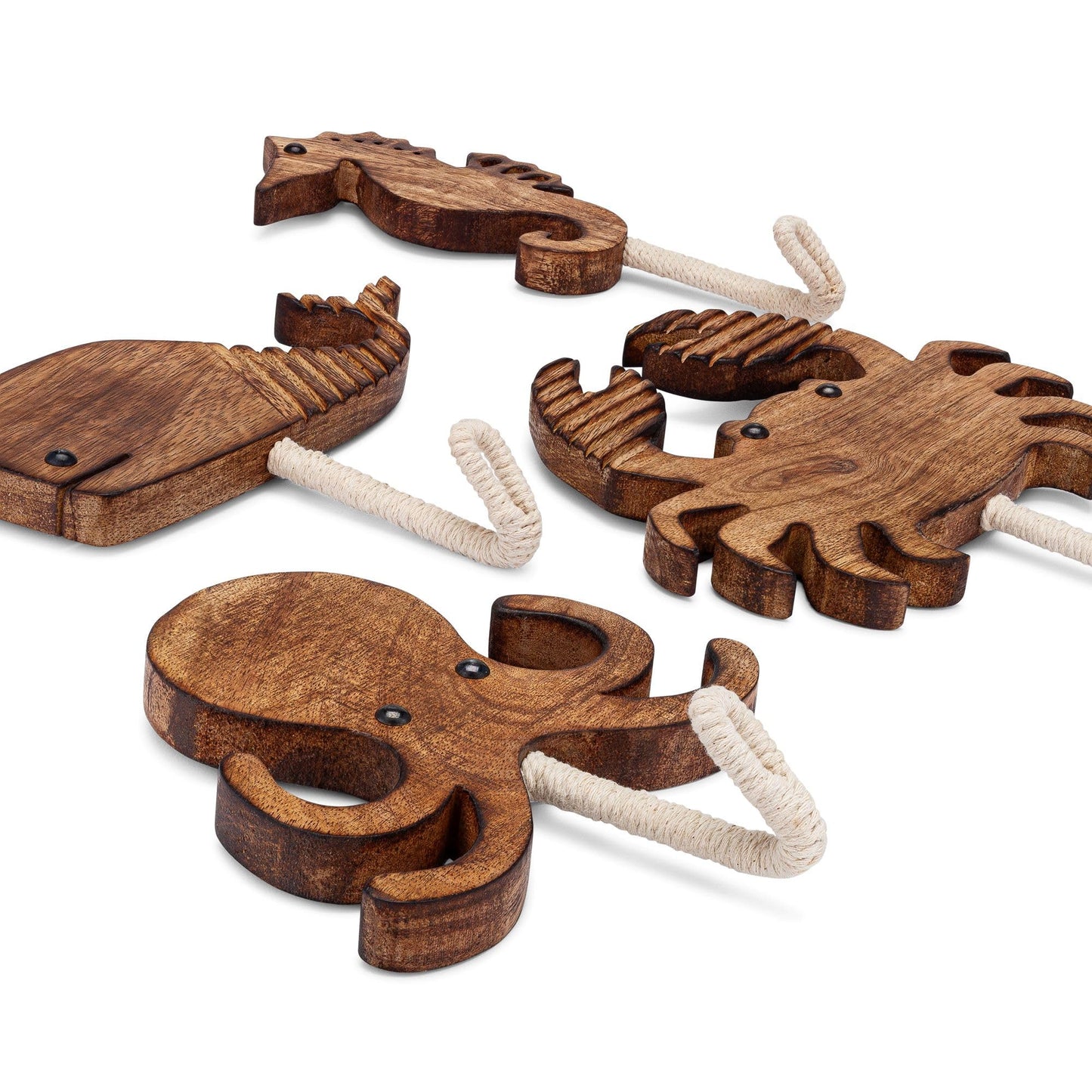 Crane Baby Sea Life Wooden Wall Hooks - Set of 4 Wooden Ocean Nursery Decor Towel Hooks, Brown