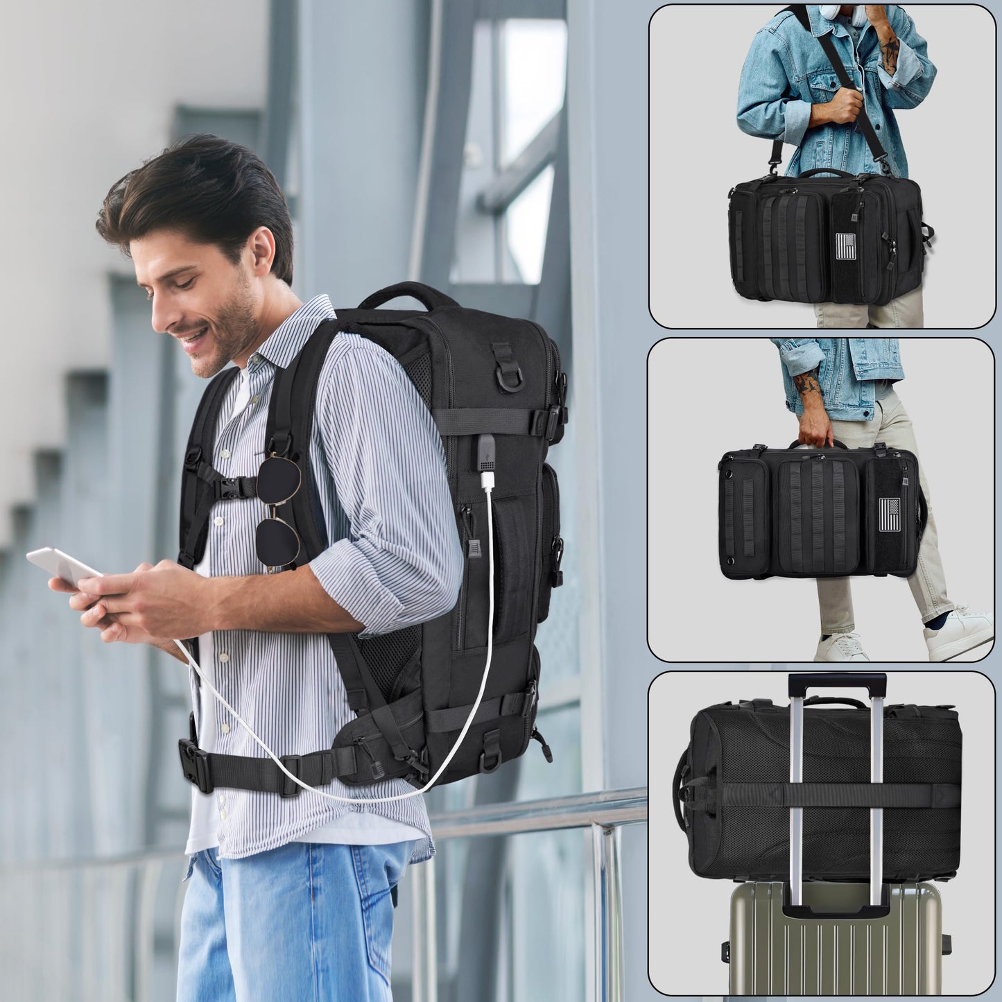 MOZETO Travel Backpack for Men 40L TSA Approved Carry On Backpack with USB Charging Port Durable Water-resistant Convertible Duffle Luggage Bag Large Weekender Bag Daypack Fits 17.3 Inch Laptop