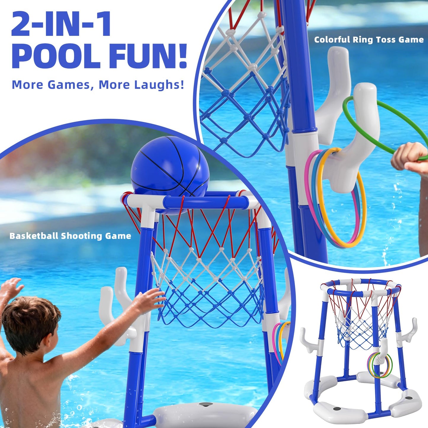 BLmukce Pool Basketball Hoop for Kids 4-8 & 8-12 Years Old - 2-in-1 Floating & Above Ground Water Game with 4 Balls, 12 Rings & Pump, Outdoor Play Swimming Pool Toy for Adult Summer Party (Blue)