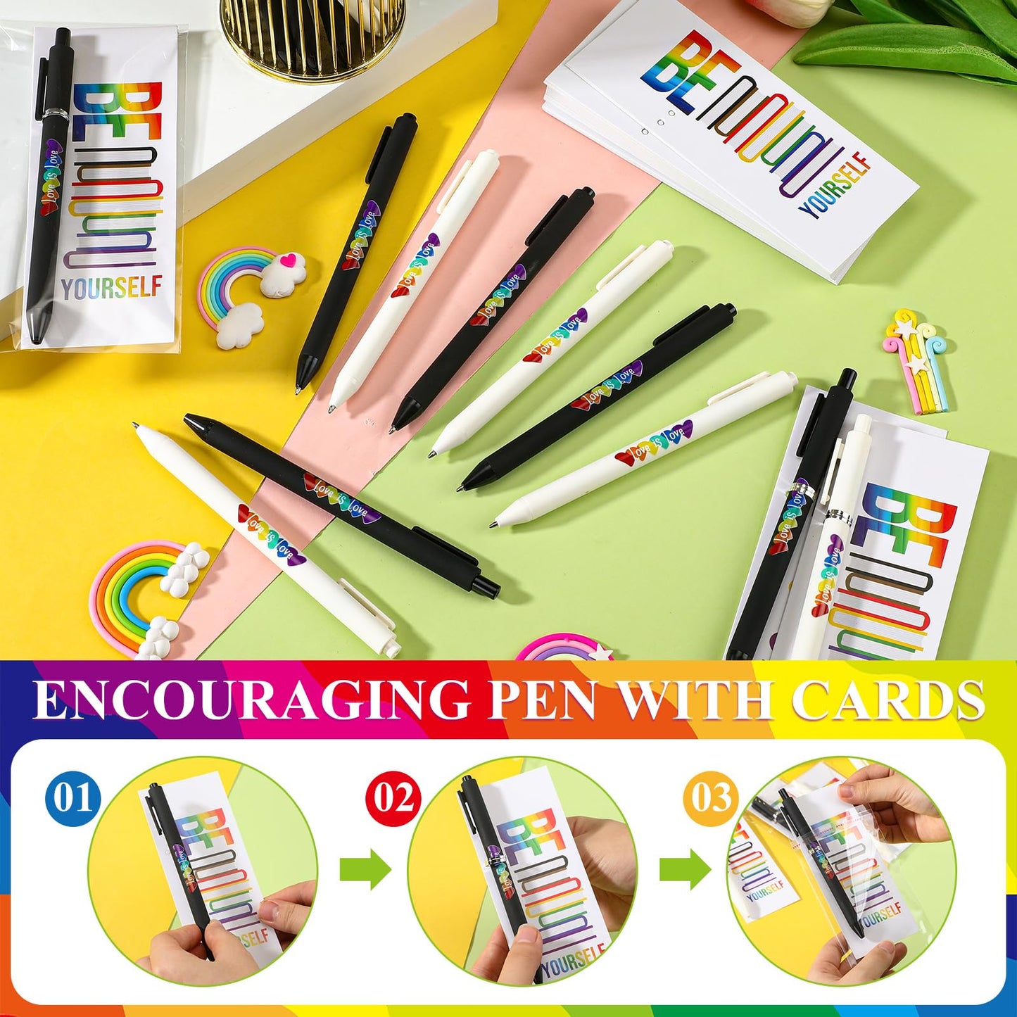 Spakon 300 Sets Rainbow Gay Pride Gift Include Retractable Writing Ballpoint Pen Paper LGBT Greeting Cards OPP Bags for Lesbian Pride Month Love Is Love Anniversaries Women Men Office Supplies