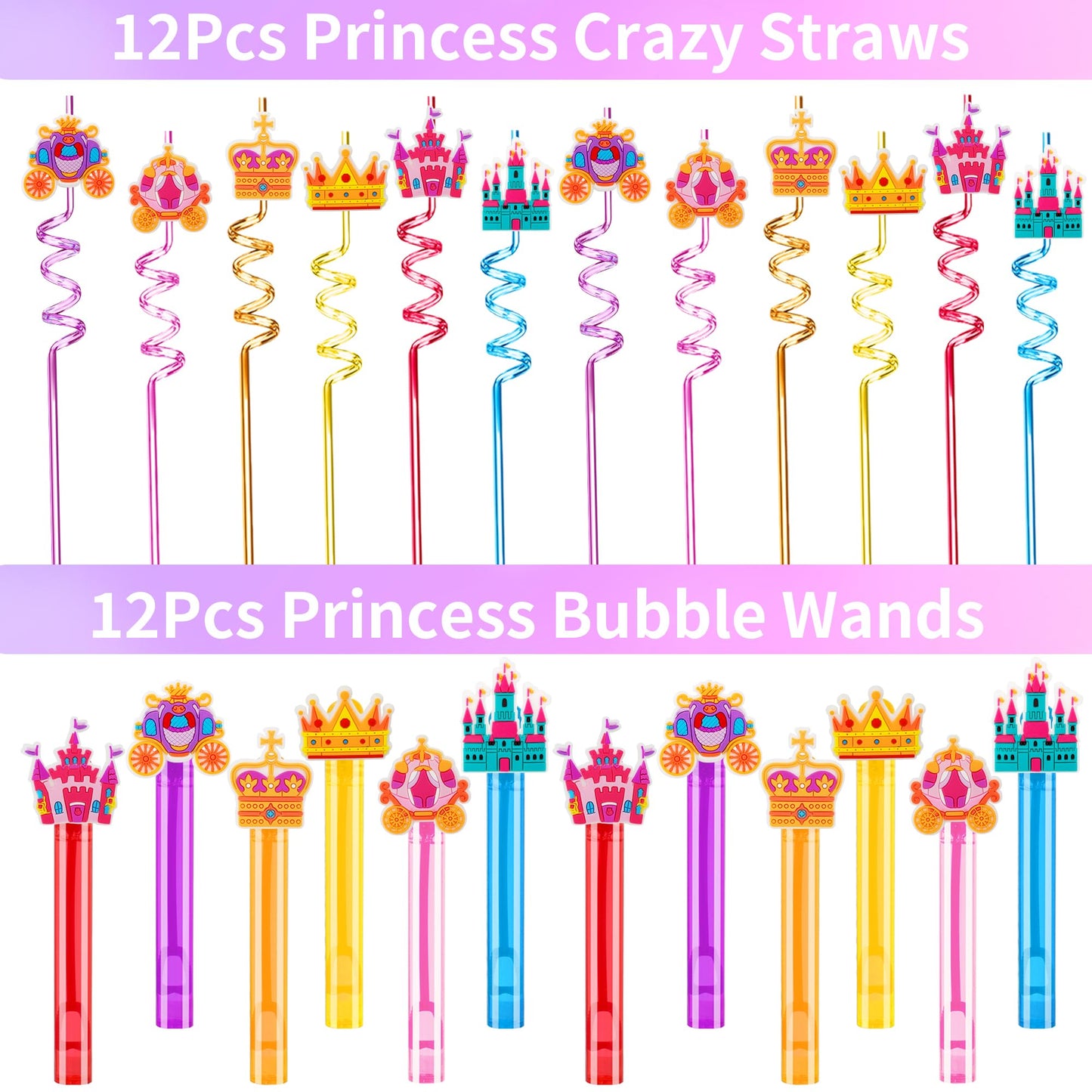 308PCS Princess Birthday Party Decorations Favors, Including Goodie Bags, Crown, Magic Wand, Straws, Bubble Wands, Stickers, Cake Toppers, Tattoo & More-Perfect for Party Decorations & Pinata Fillers