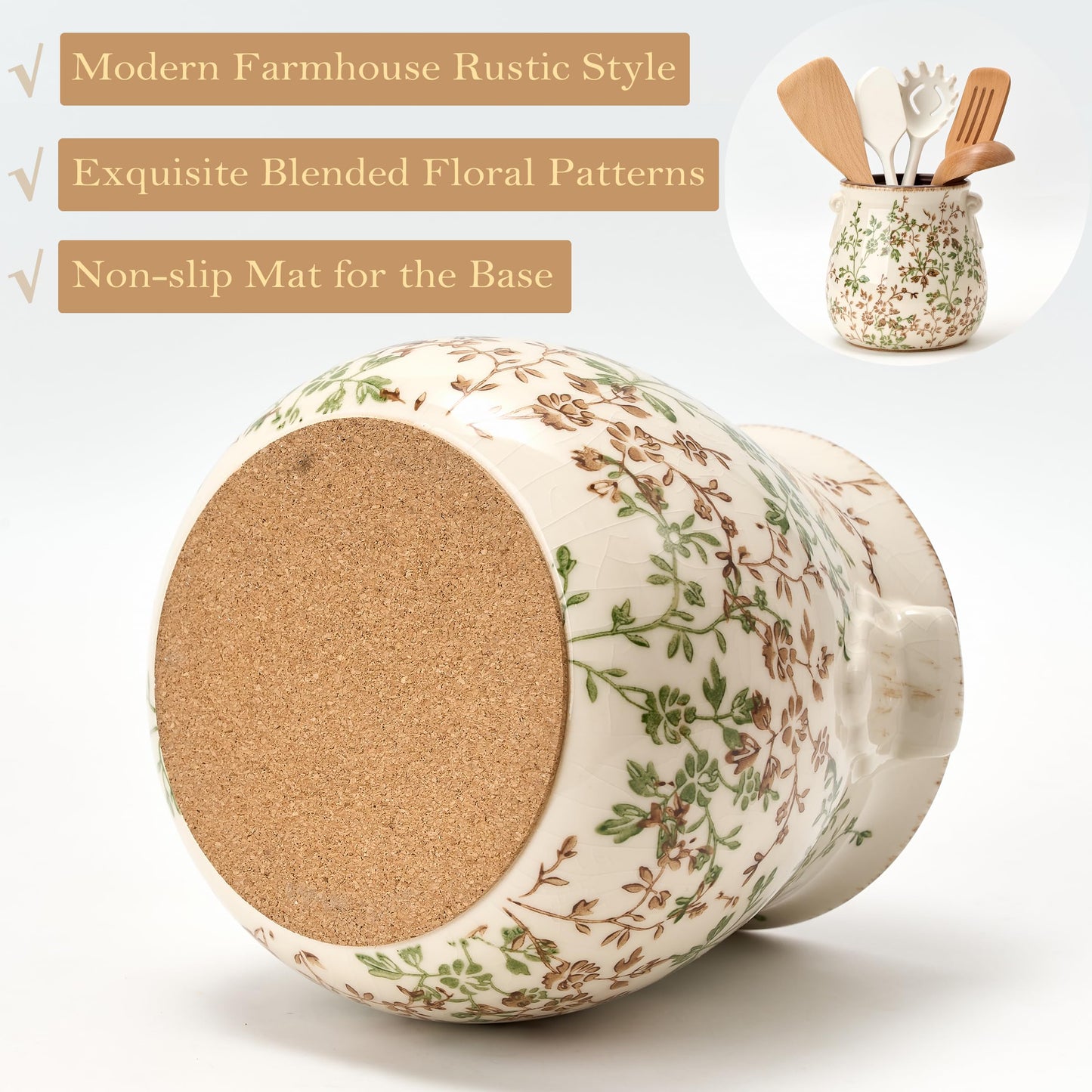 Jemirry Utensil Holder for Kitchen Counter, Modern Farmhouse Rustic Cooking Utensil Holder and Crock, Exquisite Chinoiserie Floral Ceramic Utensil Organizer for Home Kitchen Decor- Green and Beige