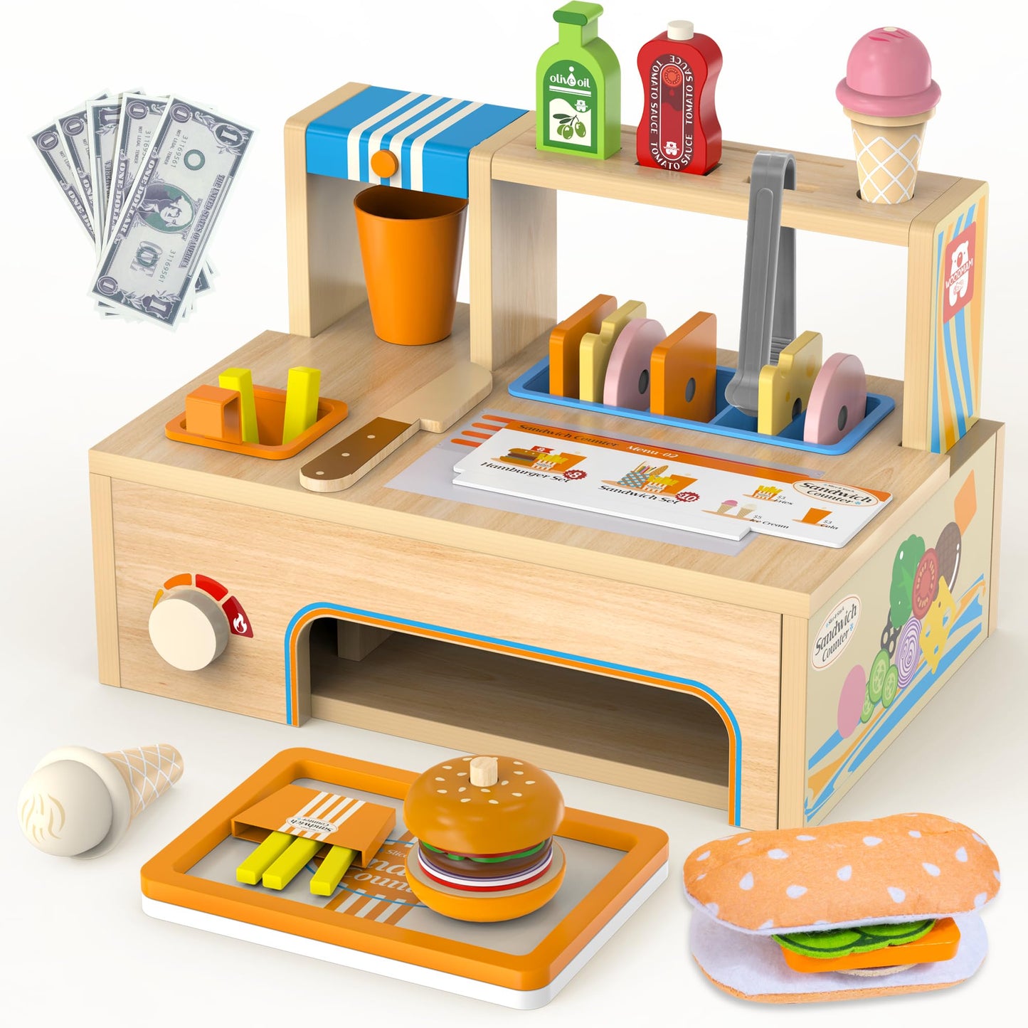 Wooden Play Food Sets Sandwich Counter, 56 Pcs Foldable Pretend Play Kitchen Food Toy with Burger, Ice Cream, Fries, Play Money & Menu, Kids Play Store Boys Girls Birthday Gift for Toddlers Ages 3+