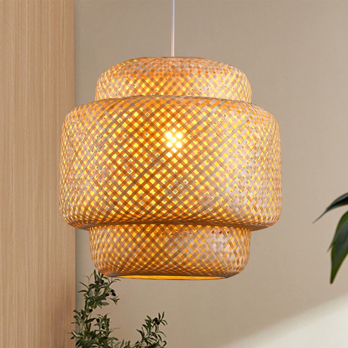 Karjearl Bamboo Pendant Light - Boho Basket Chandelier Handmade Woven Pendant Light, Natural Wicker Rattan Hanging Chandelier for Kitchen Island Dining Room Living Room Porch