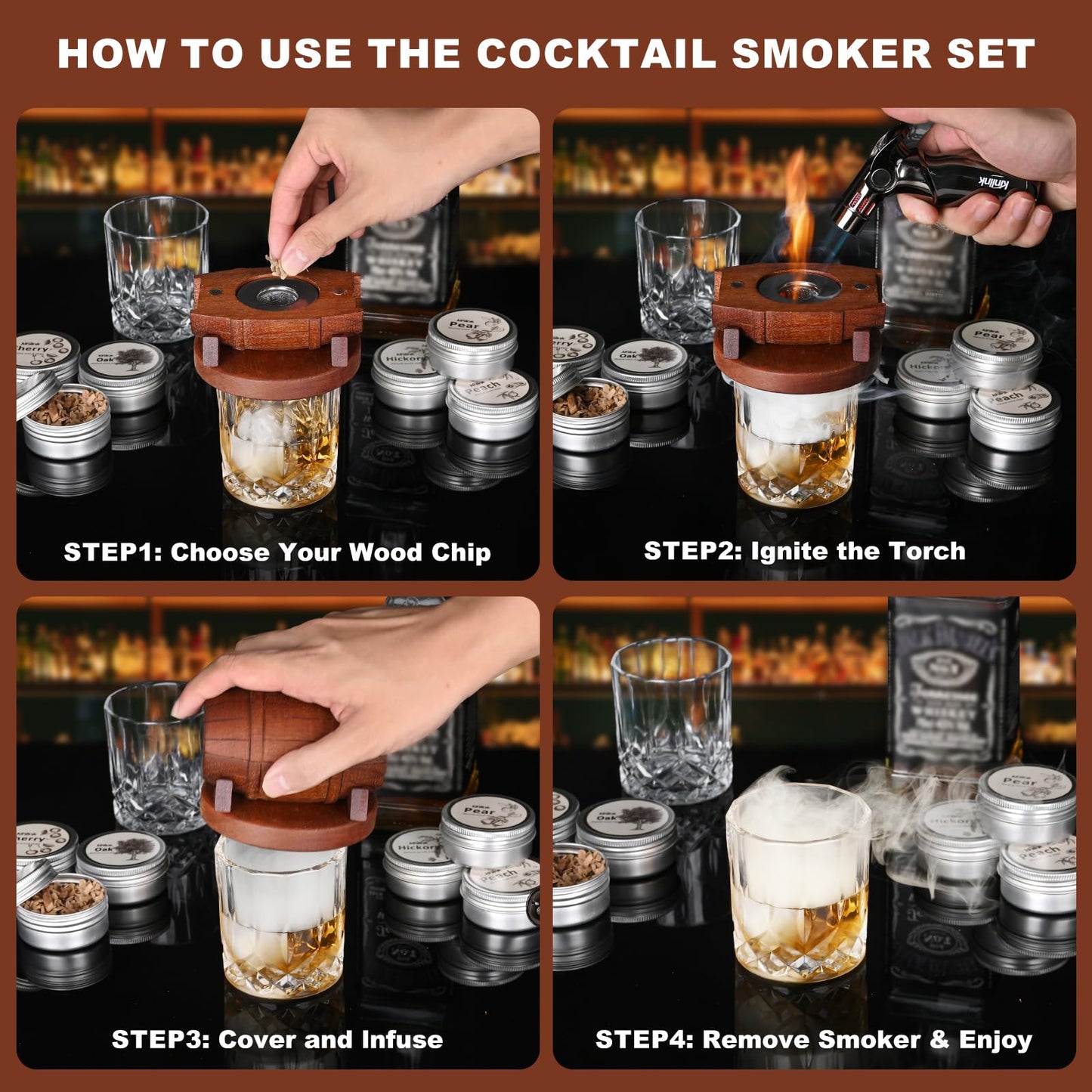 Whiskey Smoker Kit with Torch - No Butane, 6 Flavors Wood Chips, 2 Whiskey Glasses, 2 Round Ice Cube Mold, Old Fashioned Smoker Kit Cocktail Smoker Drink Smoke, Anniversary Birthday Gifts for Men Dad