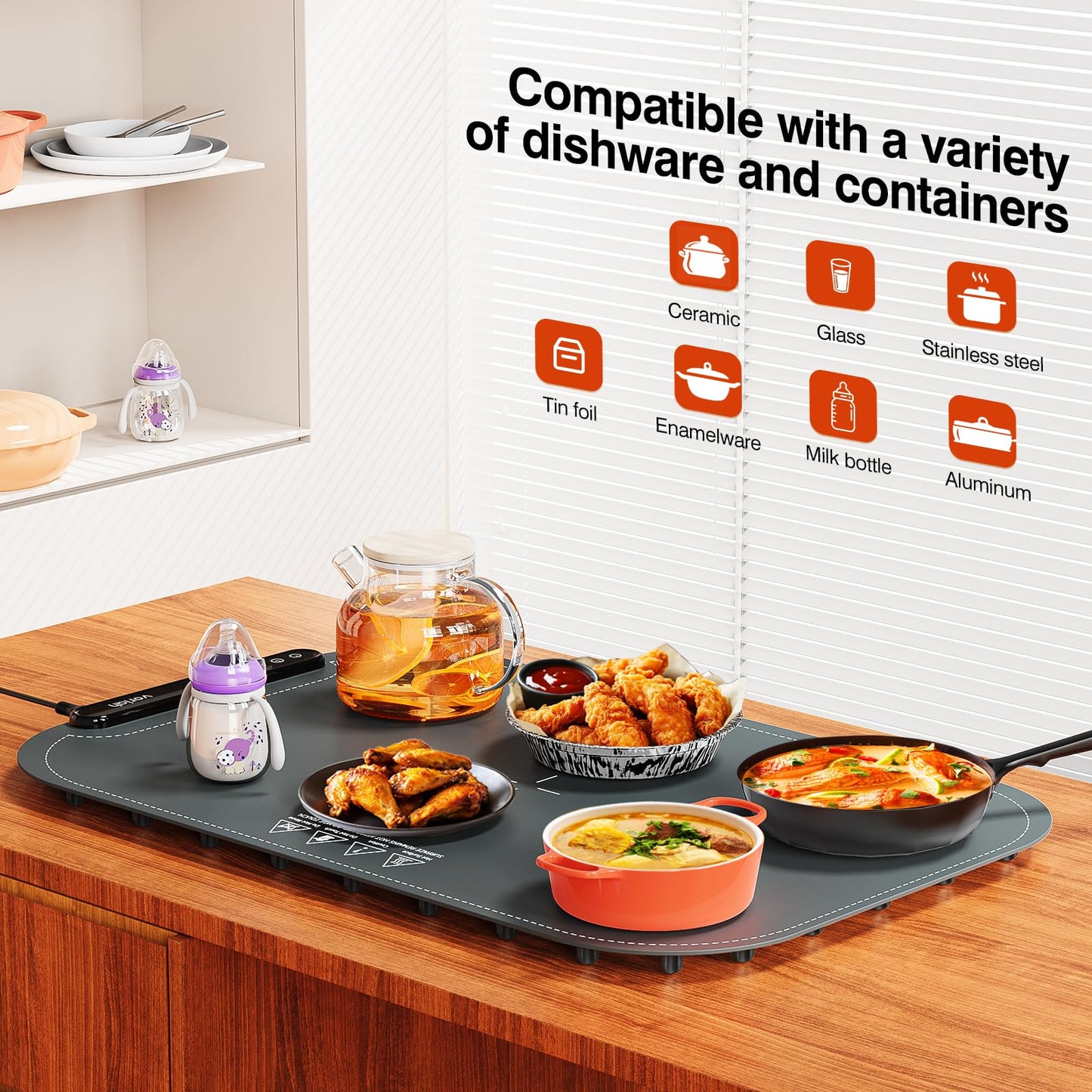 Food Warming Mat, Voriah Electric Warming Tray, Silicone Warming Mat for Food, Heating Mat for Food with 8 Adjustable Temperature 8 Hours Timing, Versatile Food Warmers for Parties Buffets