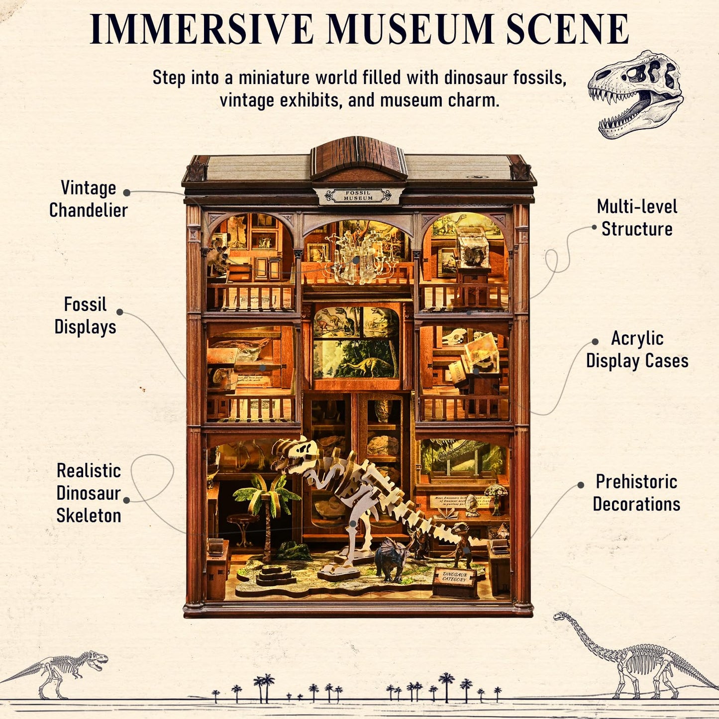 3D Puzzles for Adults DIY Book Nook Kit - Wooden Bookshelf Decor Miniature House Kit, Book Nook for Bookshelf with LED Light, Dinosaur Fossil Museum Bookend Craft Gift for Teens