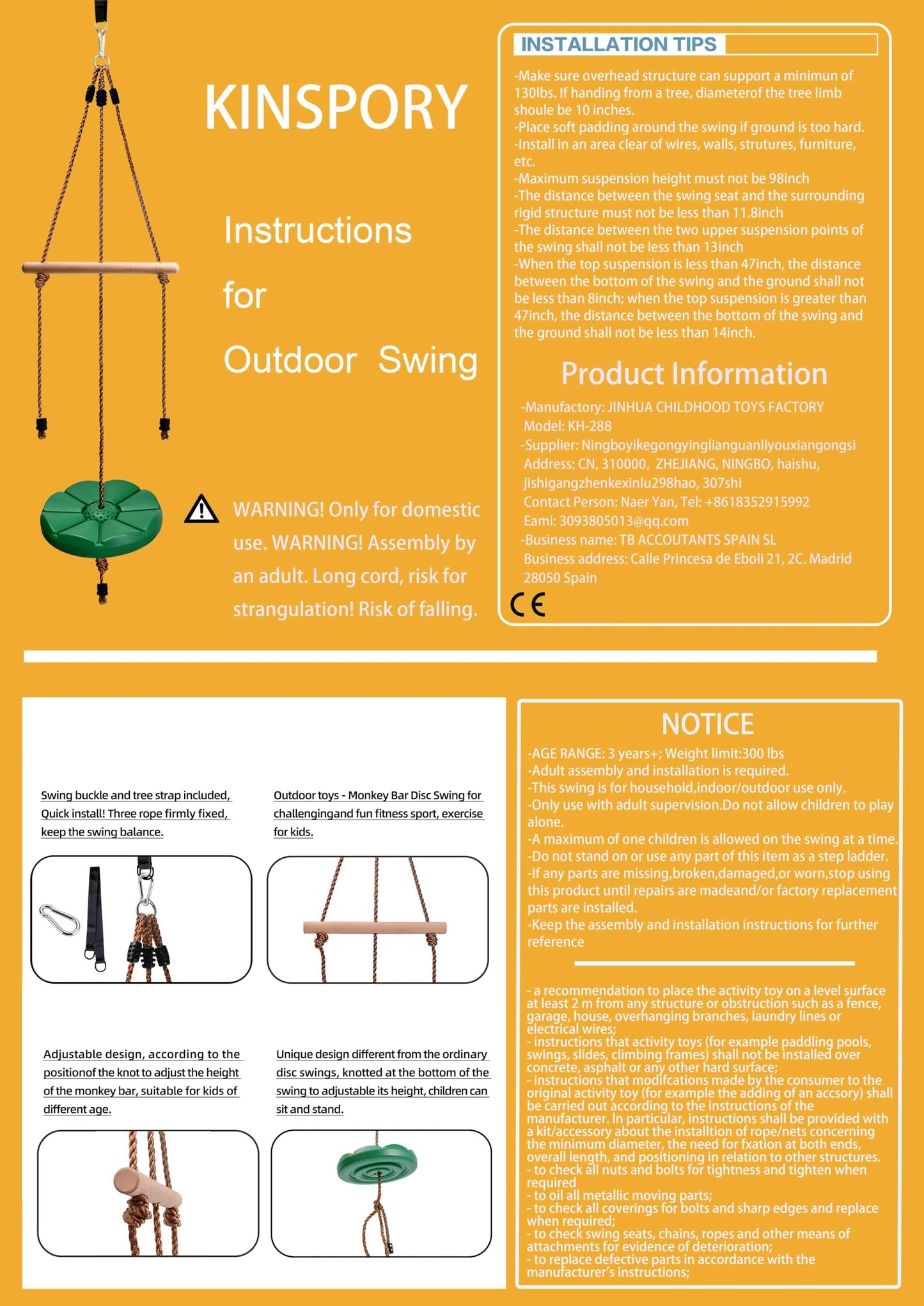KINSPORY Swing for Kids, 78'' Adjustable Disc Tree Swing for Backyard, Monkey Bars Rope Swing with Hanging Strap, Carabiner for Zipline Outdoor Play Equipment Swing Set Accessories - Green