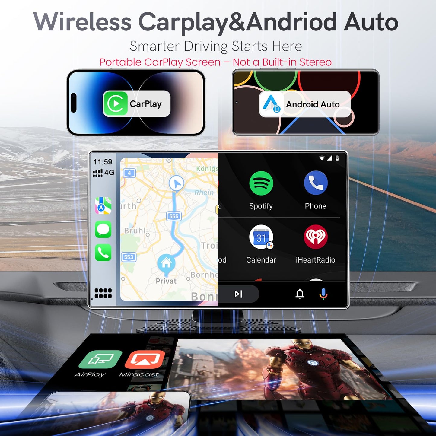 9" Portable CarPlay Screen for Car, CooCom UHD Car Stereo with Touch Screen with Apple CarPlay&Android Auto,4K Dash Cam,1080P Backup Camera,Mirror Link, Voice Control, Bluetooth 5.3,GPS,FM