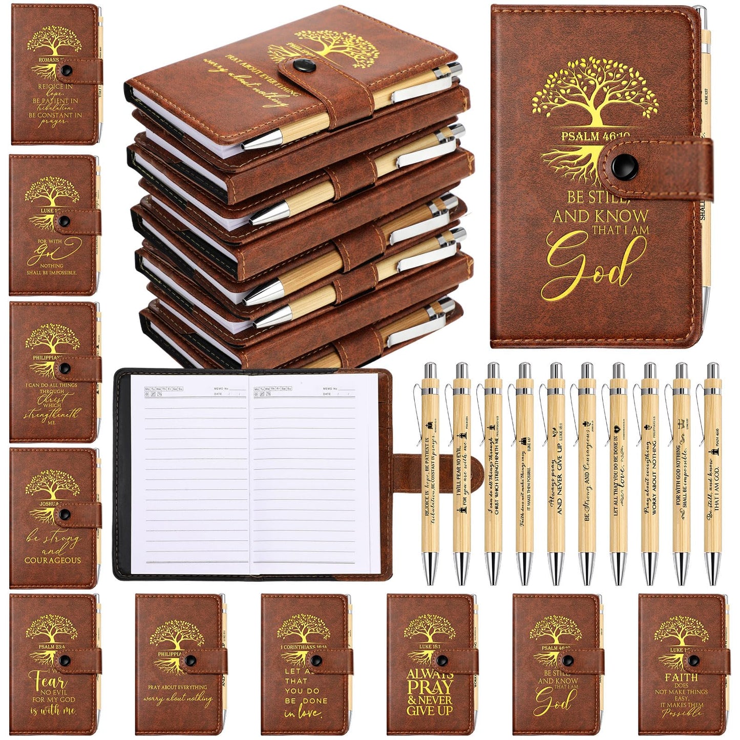 Spakon 60 Pcs Father's Day Christian Gifts Bulk Leather Prayer Journal Religious Scripture Notebook with Bible Verse Pens for Graduation Coworker Women Men Church Members (English Tree of Life)