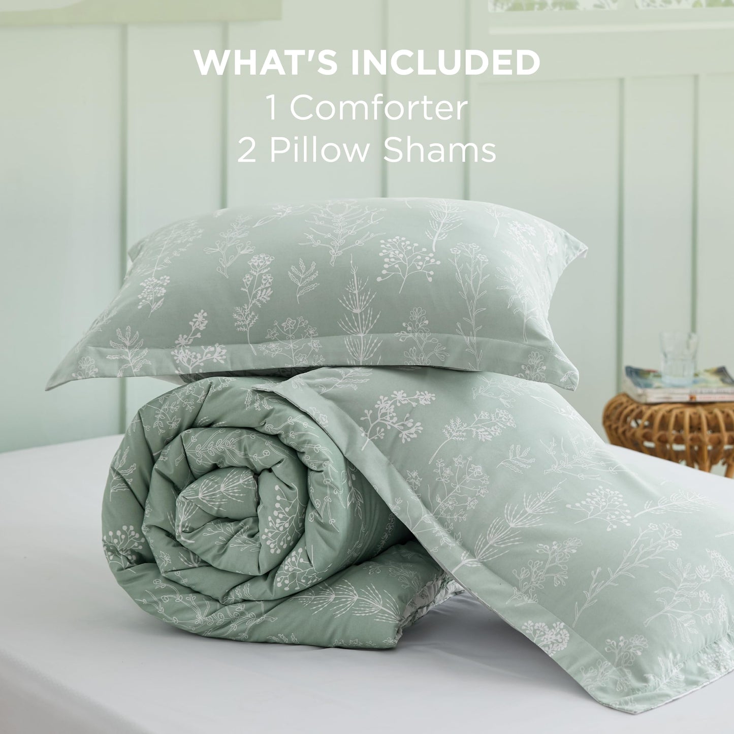 Bedsure Oversized Queen Comforter Set - Sage Green Bed Set, 3 Pieces Cute Floral Bedding, 1 Soft Reversible Botanical Flowers Comforter and 2 Pillow Shams