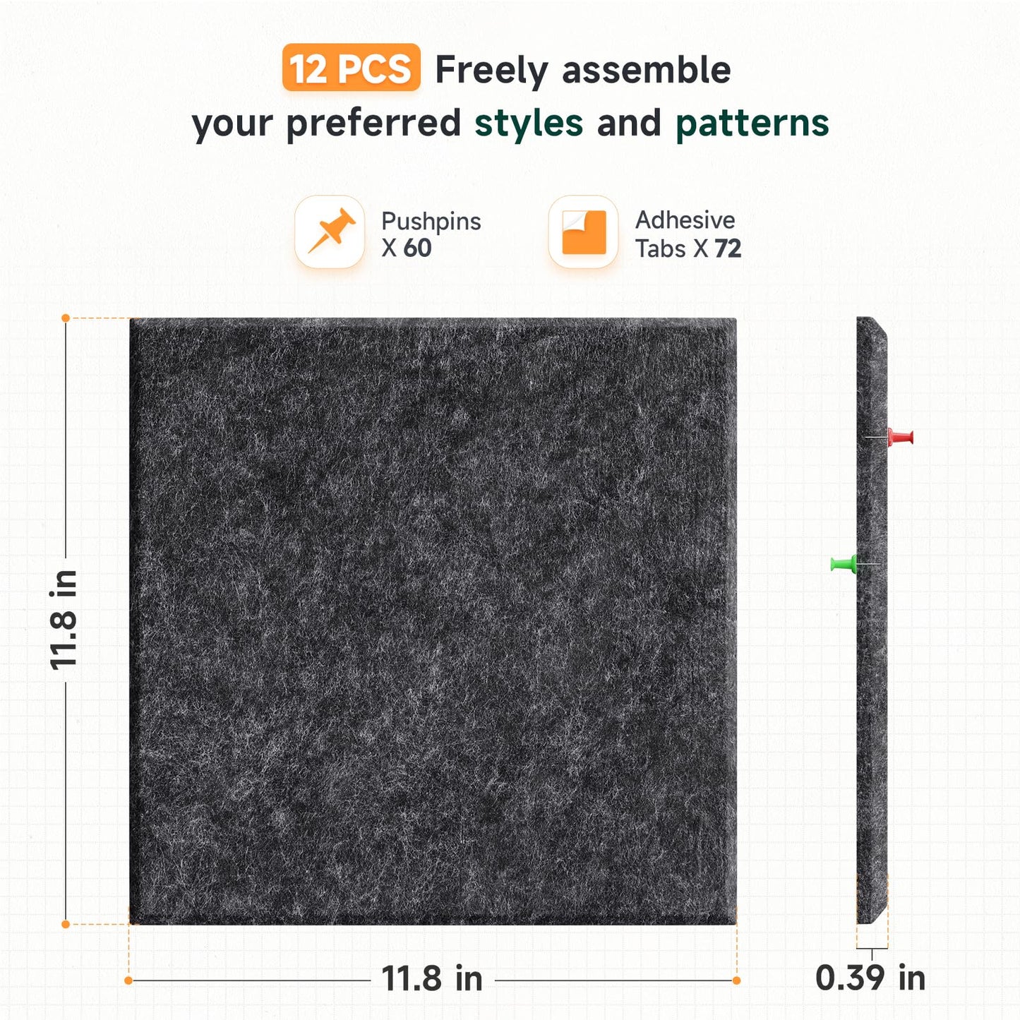Uoisaiko Felt Cork Board for Wall: Extra Large Bulletin Board for Office - 12 PCS Thick Corkboard Tiles Grey Pin Board Squares Adhesive