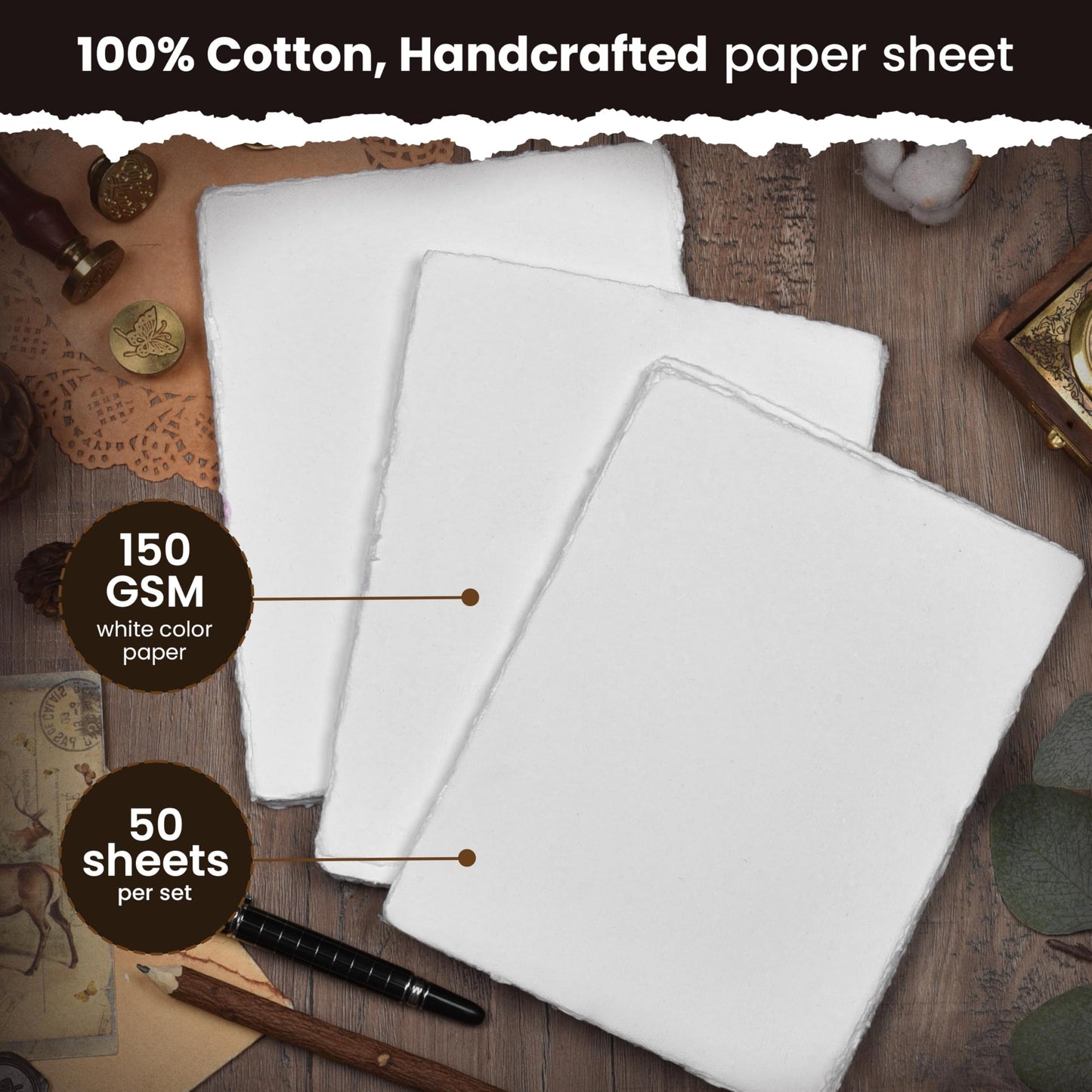 LEATHER VILLAGE Watercolor Paper - 9 X 12 inches, 50 Sheets - Mixed Media Watercolor Paper - 150 GSM Thick Deckle Edge Virgin Cotton Handmade Paper - Off White