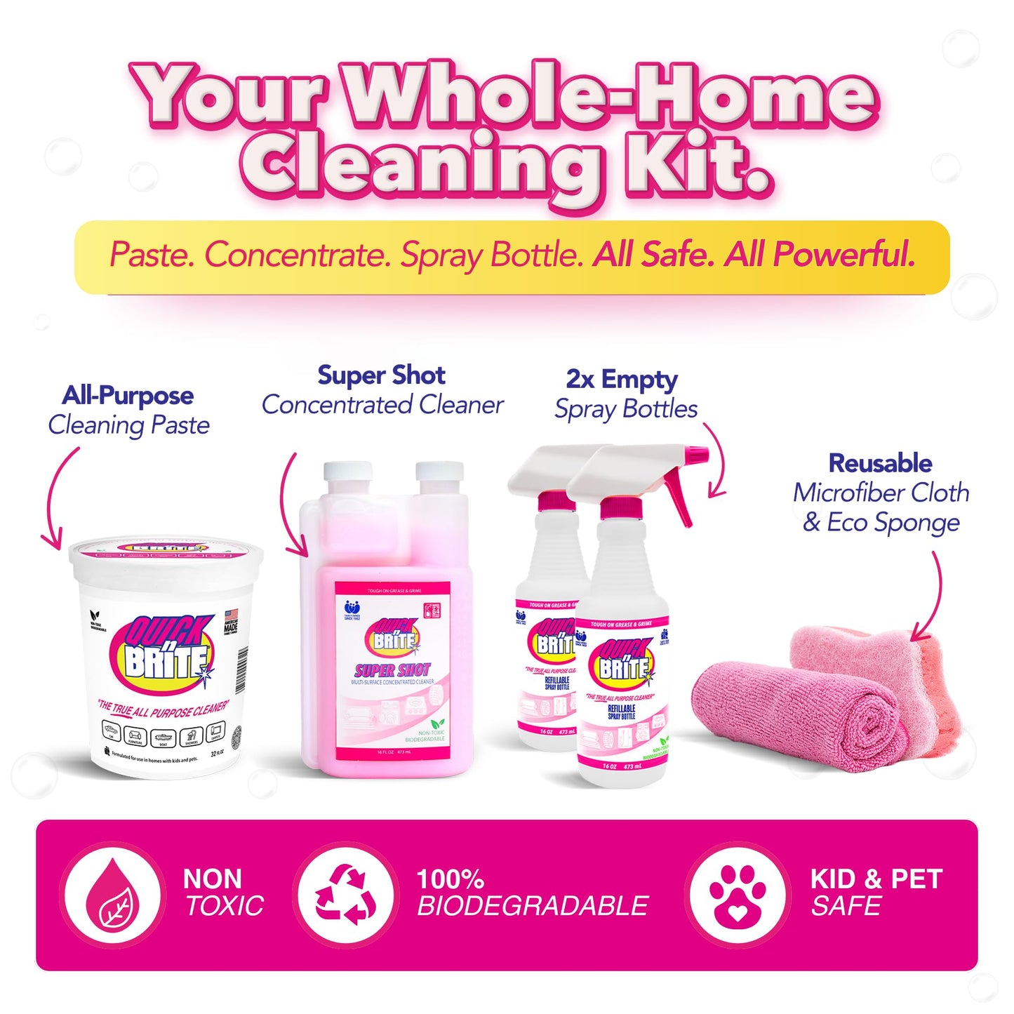 Quick 'n Brite Ultimate Cleaning Kit – Includes 32oz Paste, 16oz Super Shot, 2 Refillable Spray Bottles, Microfiber Towel, Scrubber Sponge & Quick Start Guide – All Purpose Cleaner - Made in the USA
