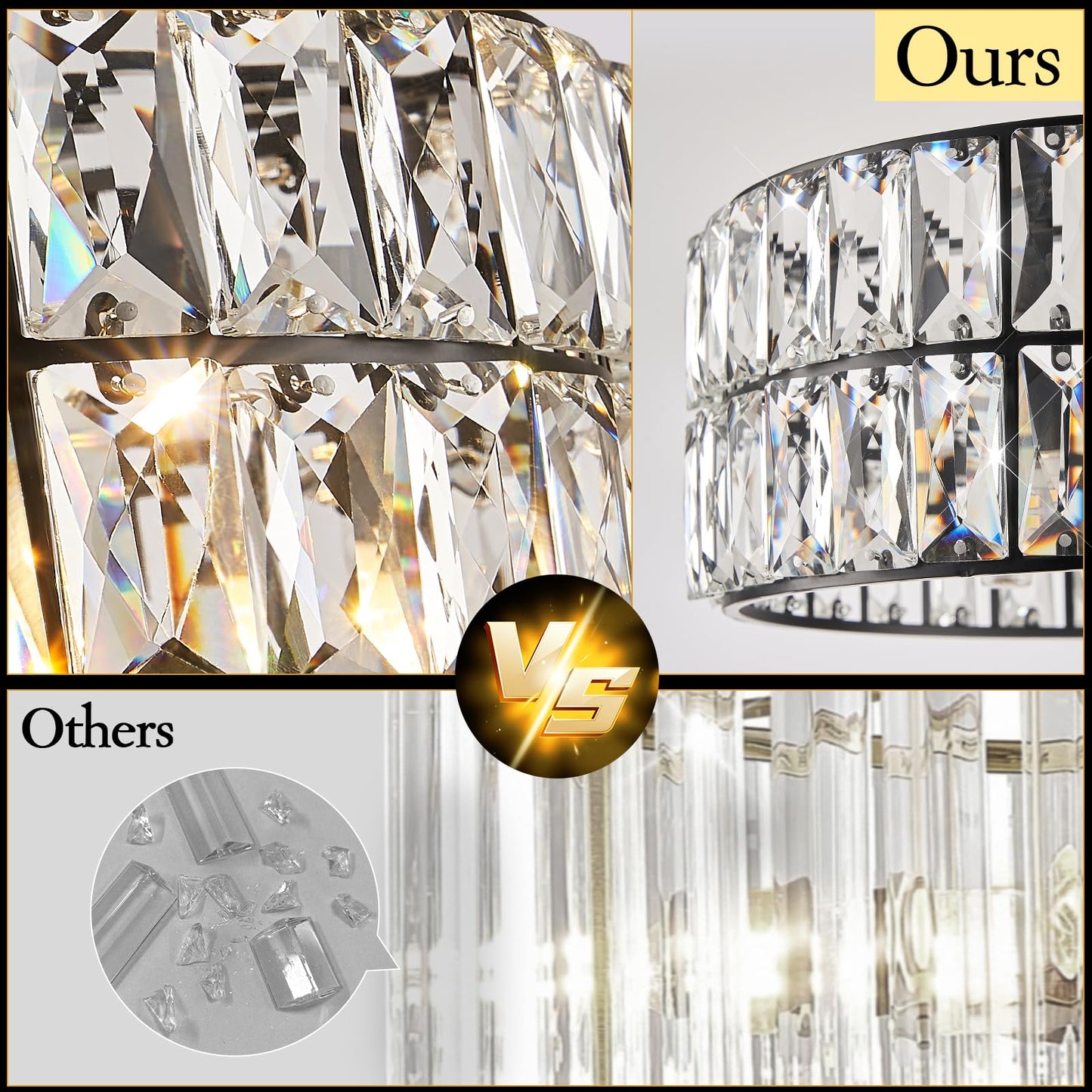 Crystal Pendant Light 4-Light Modern Black Chandelier Small 12” Crystal Semi Flush Mount Ceiling Light Round for Kitchen Island Foyer Hallway