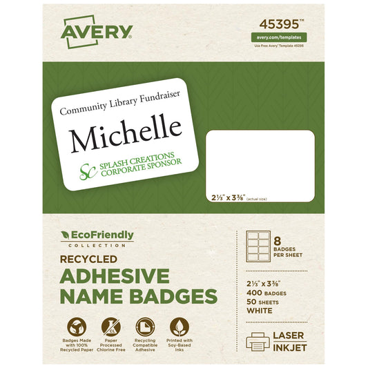 Avery EcoFriendly Recycled Name Tags, 2-1/3" x 3-3/8", White, Removable Adhesive, 400 Printable Name Badges (45395)