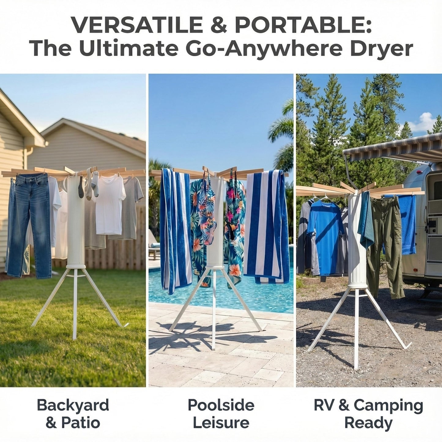 Draiovo Clothes Drying Rack Foldable, Portable Laundry Drying Rack for Clothes with 16 Wooden Rods & 48 Windproof Slots, Collapsible Tripod Dry Rack for Apartment, RV, Balcony