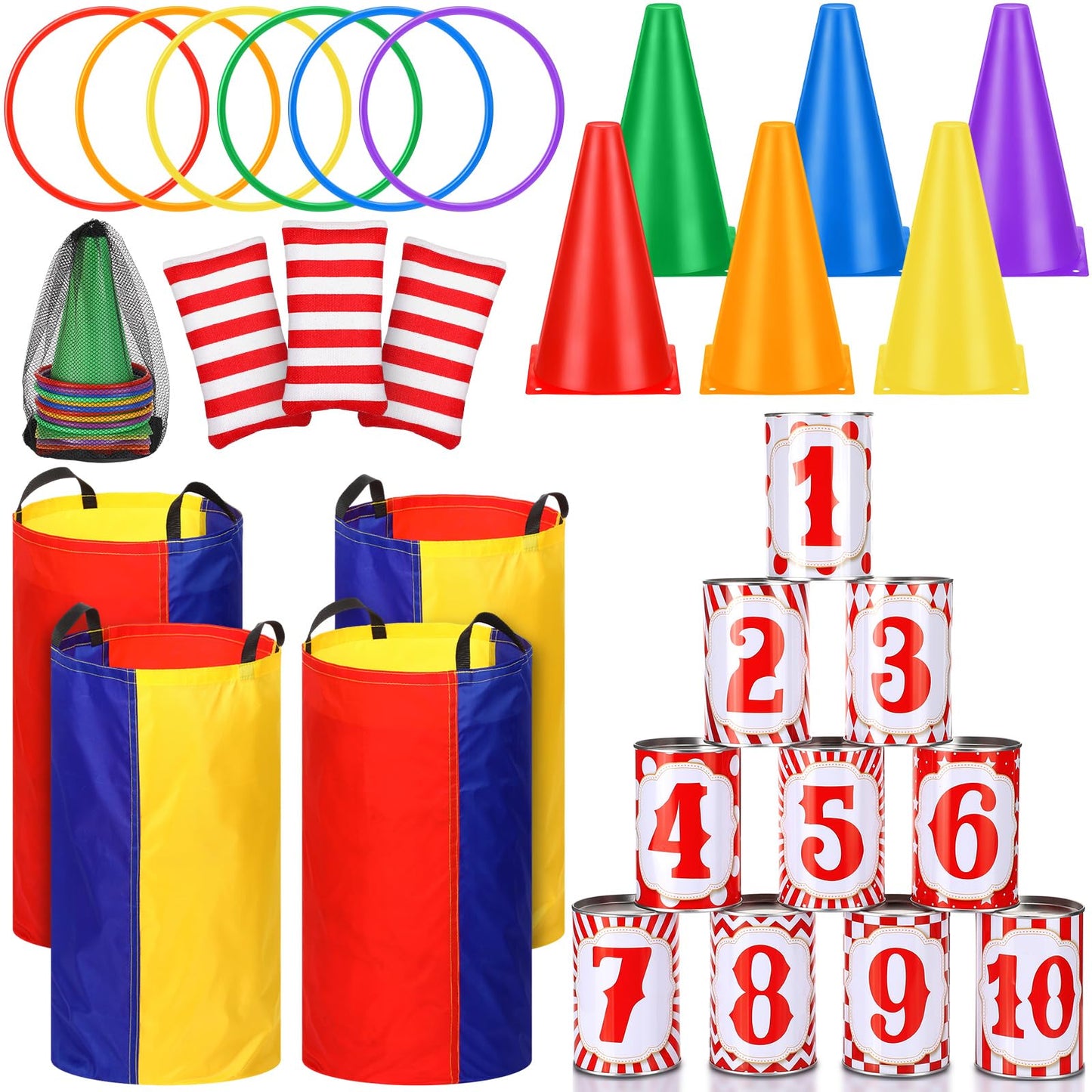 PullCrease 34 Pcs Carnival Games Set 5 in 1 Carnival Can Game Soft Plastic Cones Ring Toss Game Bean Bag toss Lawn Party Games Outdoor Games for Kids Birthday Party Backyard Events Summer